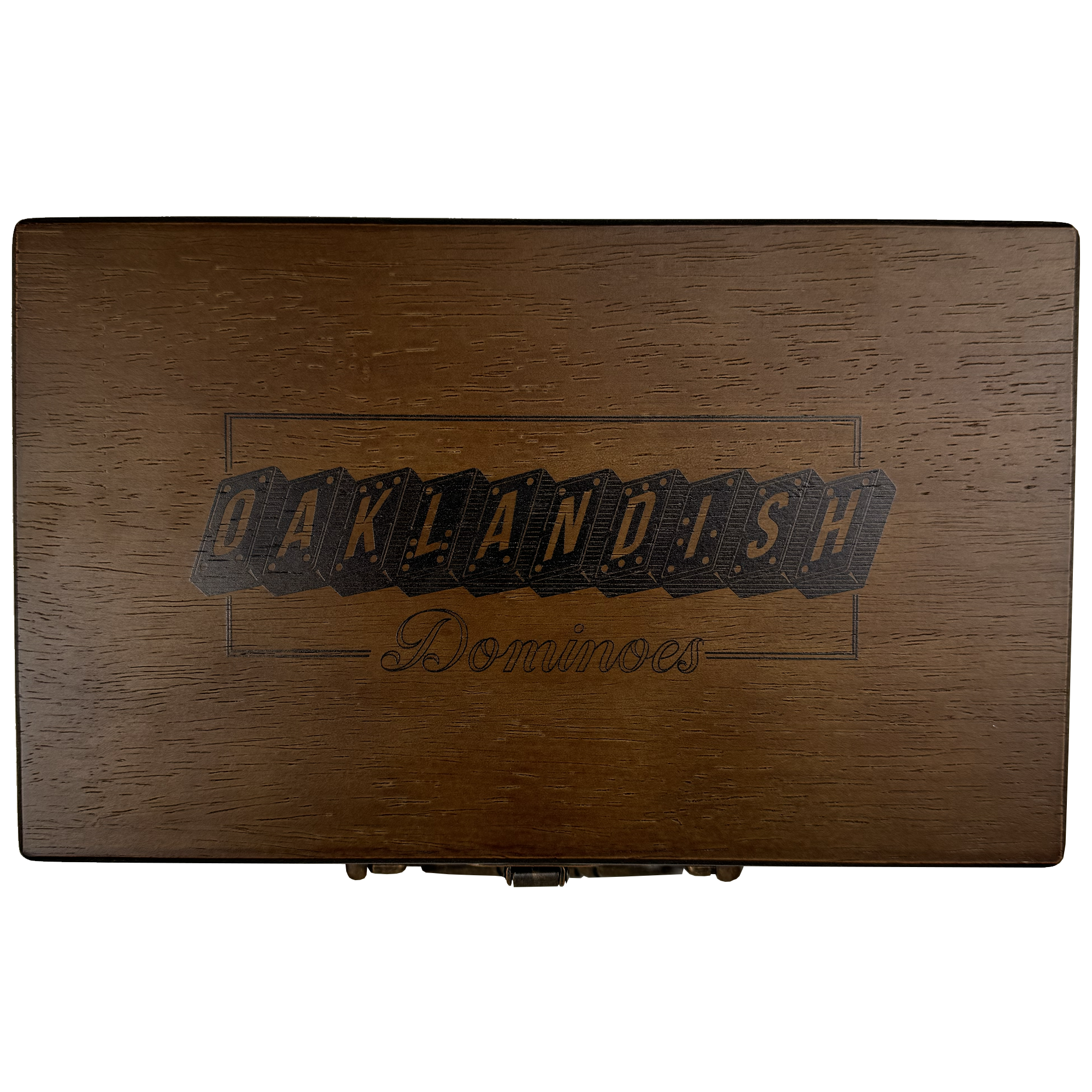 A wooden box with a lid prominently displays the "Oaklandish Dominoes Treasure Chest" in bold, stylized letters. The black font boasts a blocky, three-dimensional appearance. Secured with a simple metal latch at the front, this piece by Oaklandish adds to its charm.