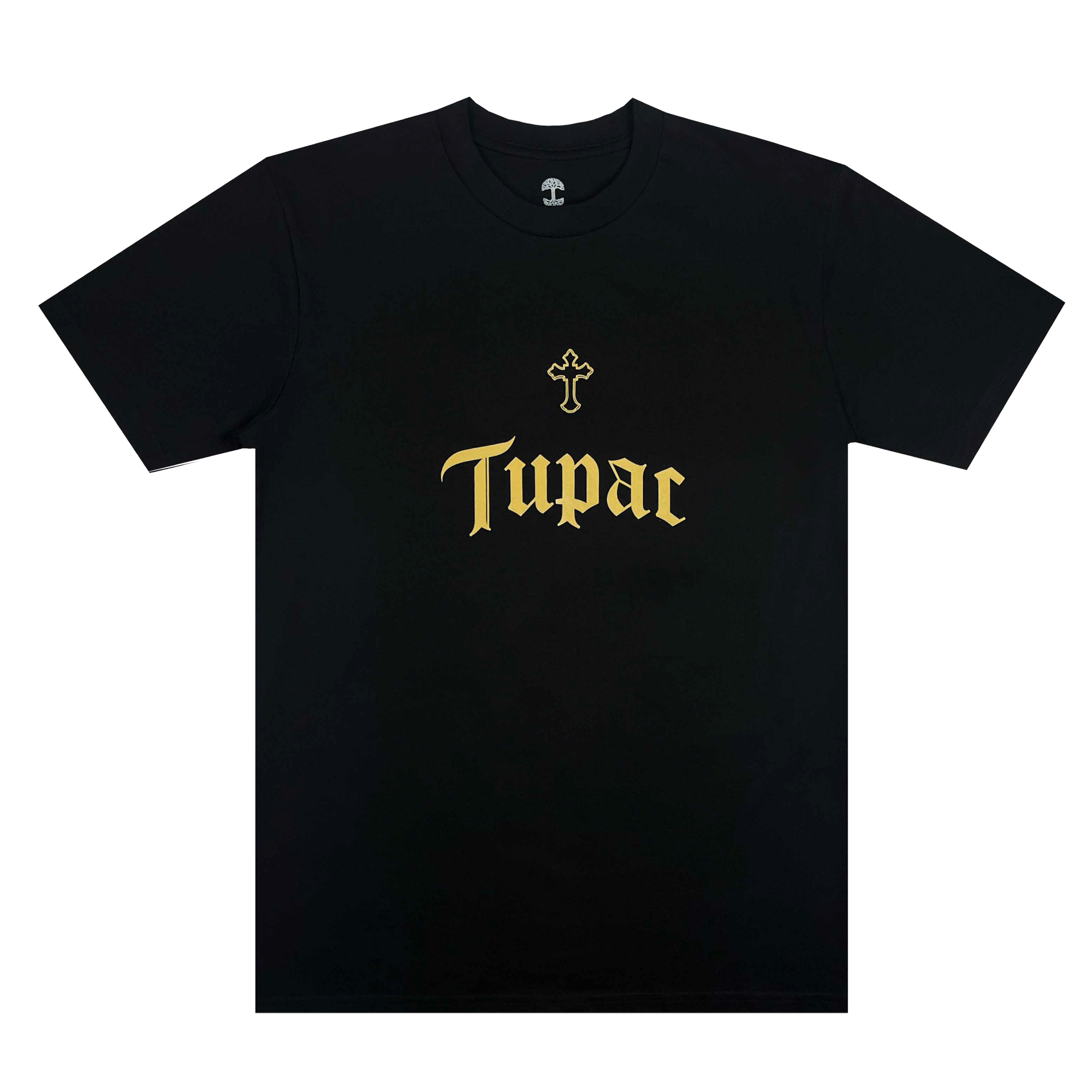 The Double Cross Tee by Oaklandish is a black T-shirt adorned with "Tupac" in bold, ornate gold lettering across the chest, celebrating hip-hop culture. Above the text is a small gold cross, adding a touch of Oaklandish style. The understated design stands out against the shirt's dark background.