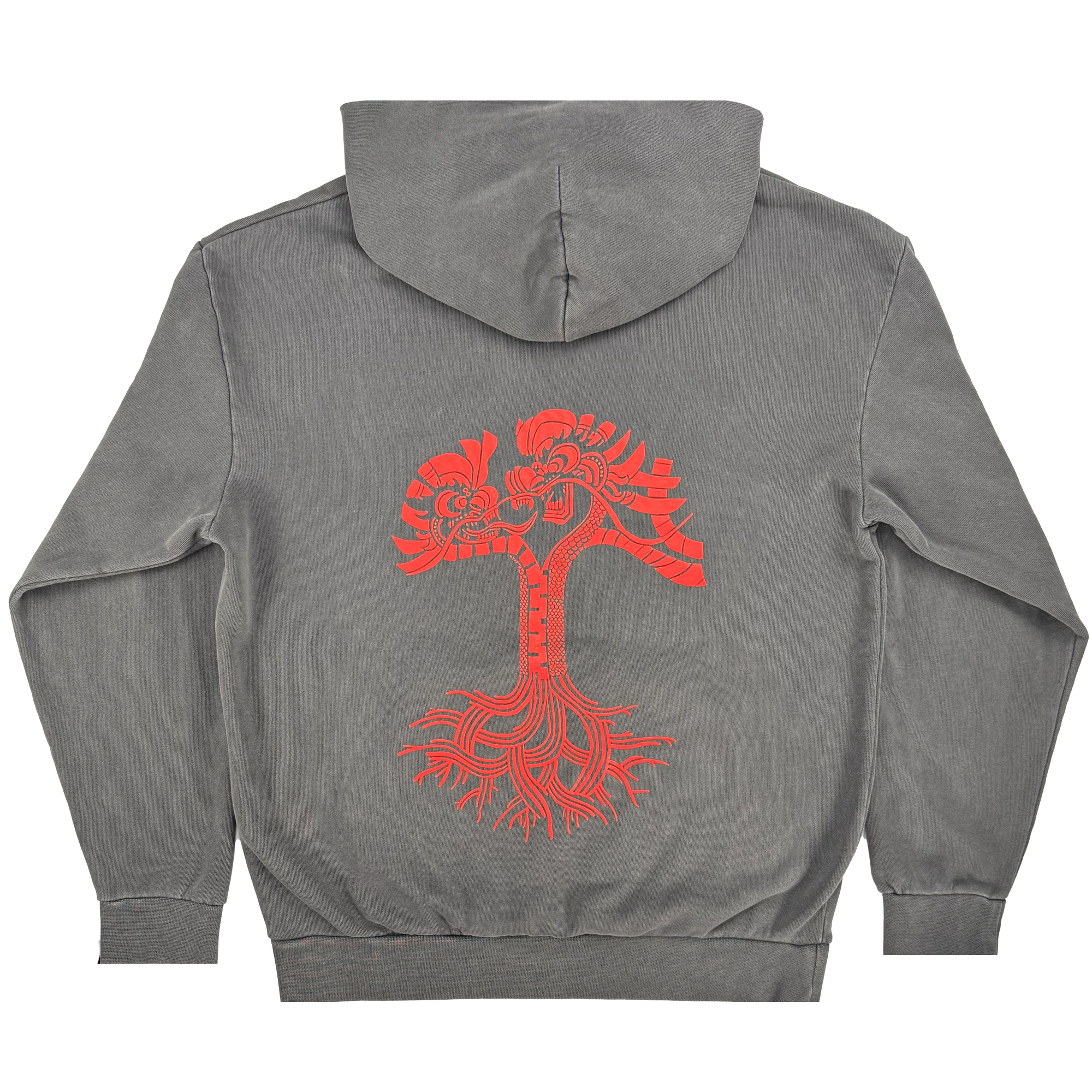 The Dragon Power Hoodie by Oaklandish is a gray hoodie with an attached hood, showcasing a red tree-inspired design on the back that highlights Chinese American heritage through intricate roots and stylized branches. It features ribbed cuffs and waistband for added charm.