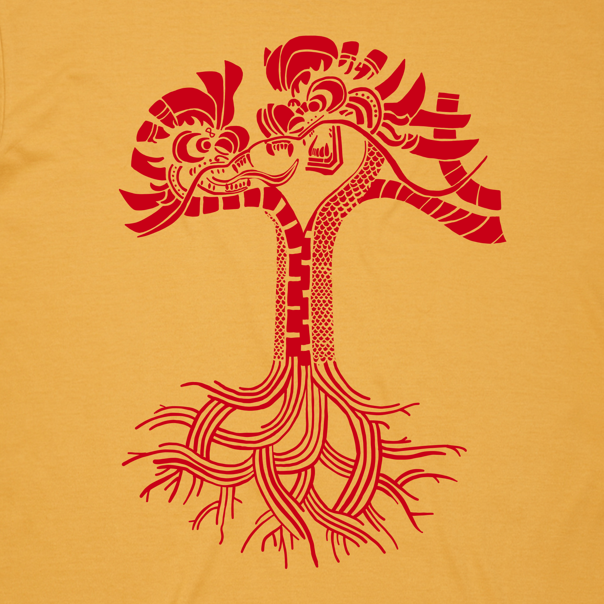 The Dragon Power Tee by Oaklandish features an intricate red tree design on a mustard yellow background. Inspired by Chinese American heritage and Oakland Chinatown's artistry, it showcases symmetrical branches and geometric patterns in a balanced, artistic motif.