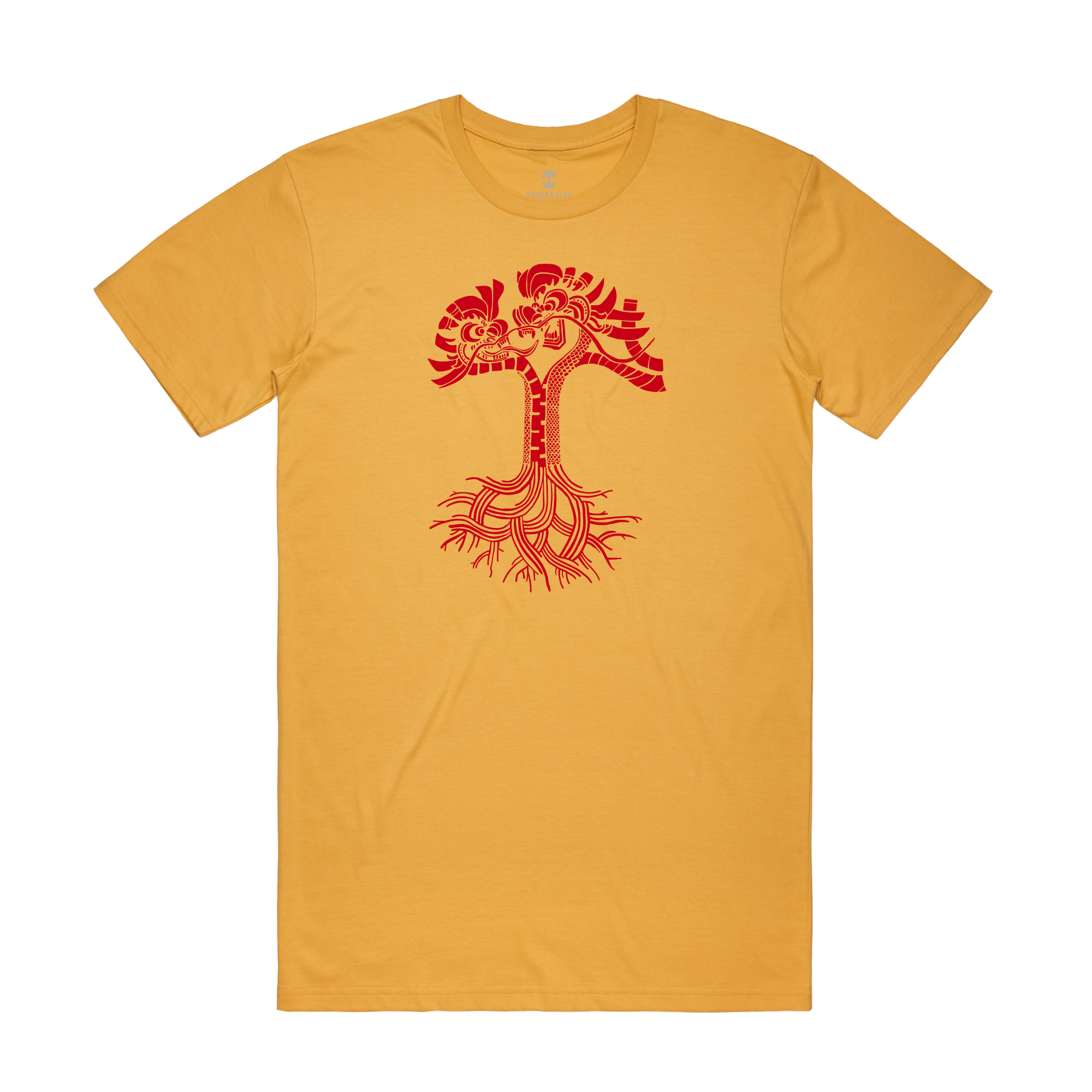 The Dragon Power Tee by Oaklandish is a yellow T-shirt with a red stylized tree design, inspired by the Chinese American heritage of Oakland Chinatown’s Lincoln Square Recreation Center. It captures the vibrant culture and community roots, laid flat on a plain white background.