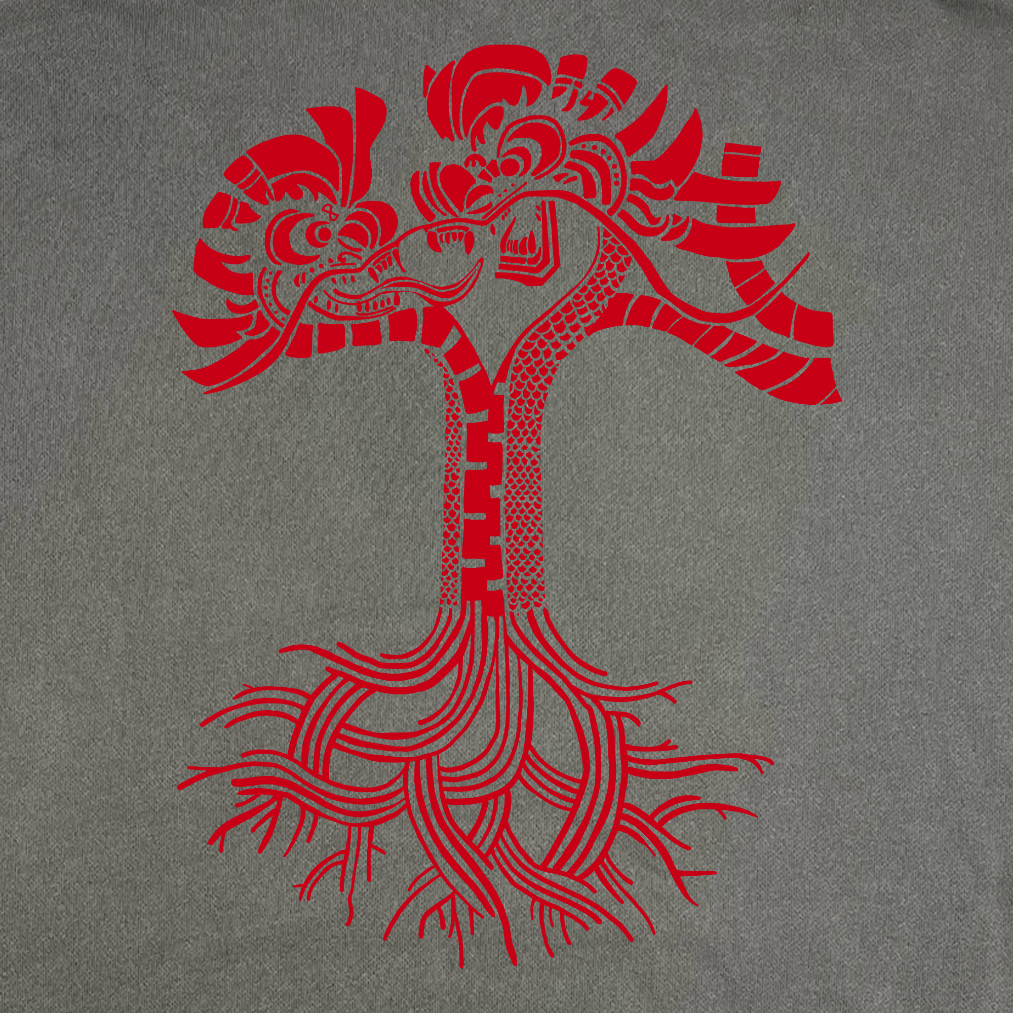 The Dragon Power Hoodie by Oaklandish features a Red Aztec-style design on gray, showcasing a symmetrical tree inspired by Chinese American heritage, with stylized faces at the top and flowing roots below, incorporating geometric shapes and curves reflective of Oakland Chinatown art.