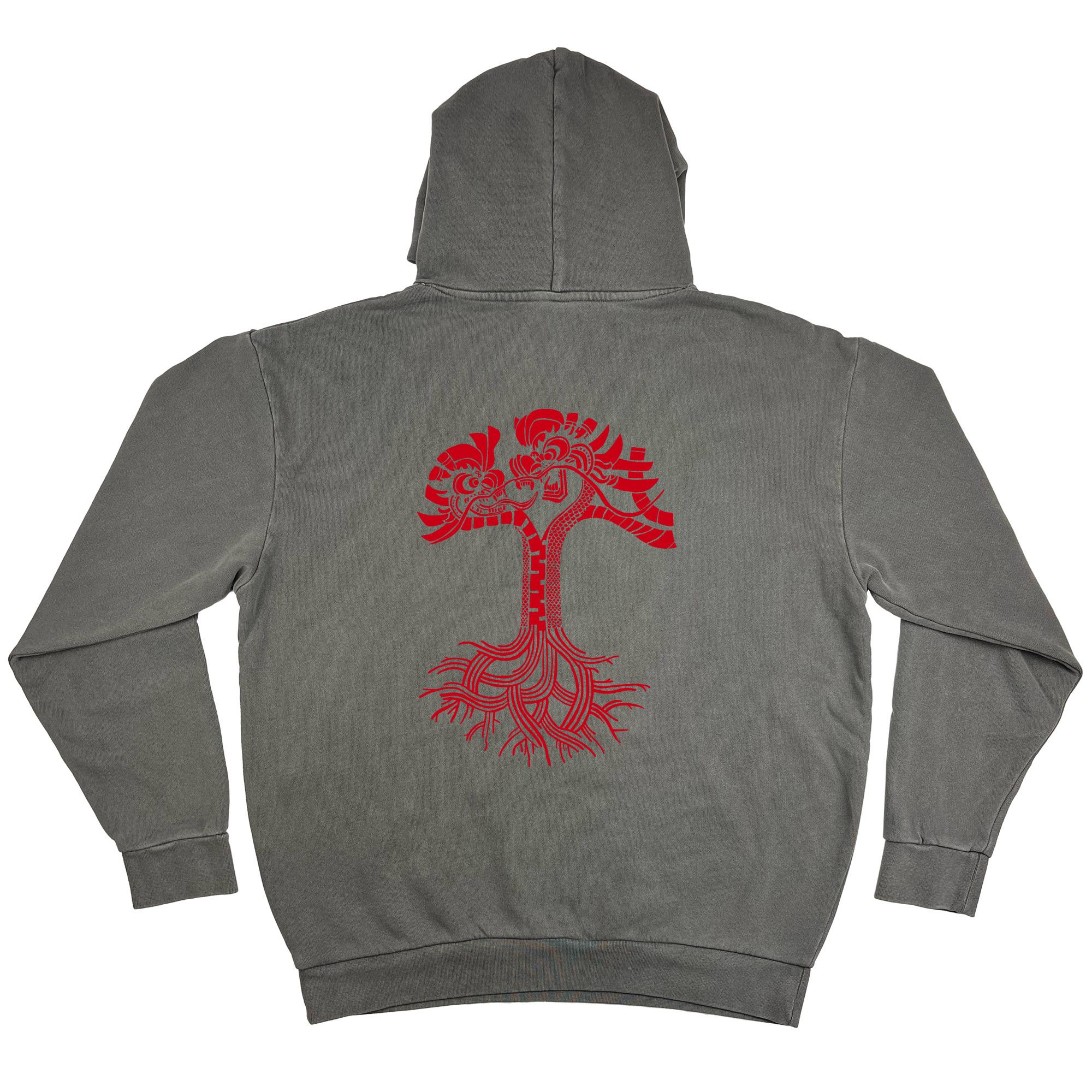 The Dragon Power Hoodie by Oaklandish displays a back view of a gray hooded sweatshirt with a vibrant red graphic, featuring an intricate stylized bird with elaborate feathers and roots. The design honors Chinese American heritage, merging nature's artistry on its flat-laid hood to reveal the full image.