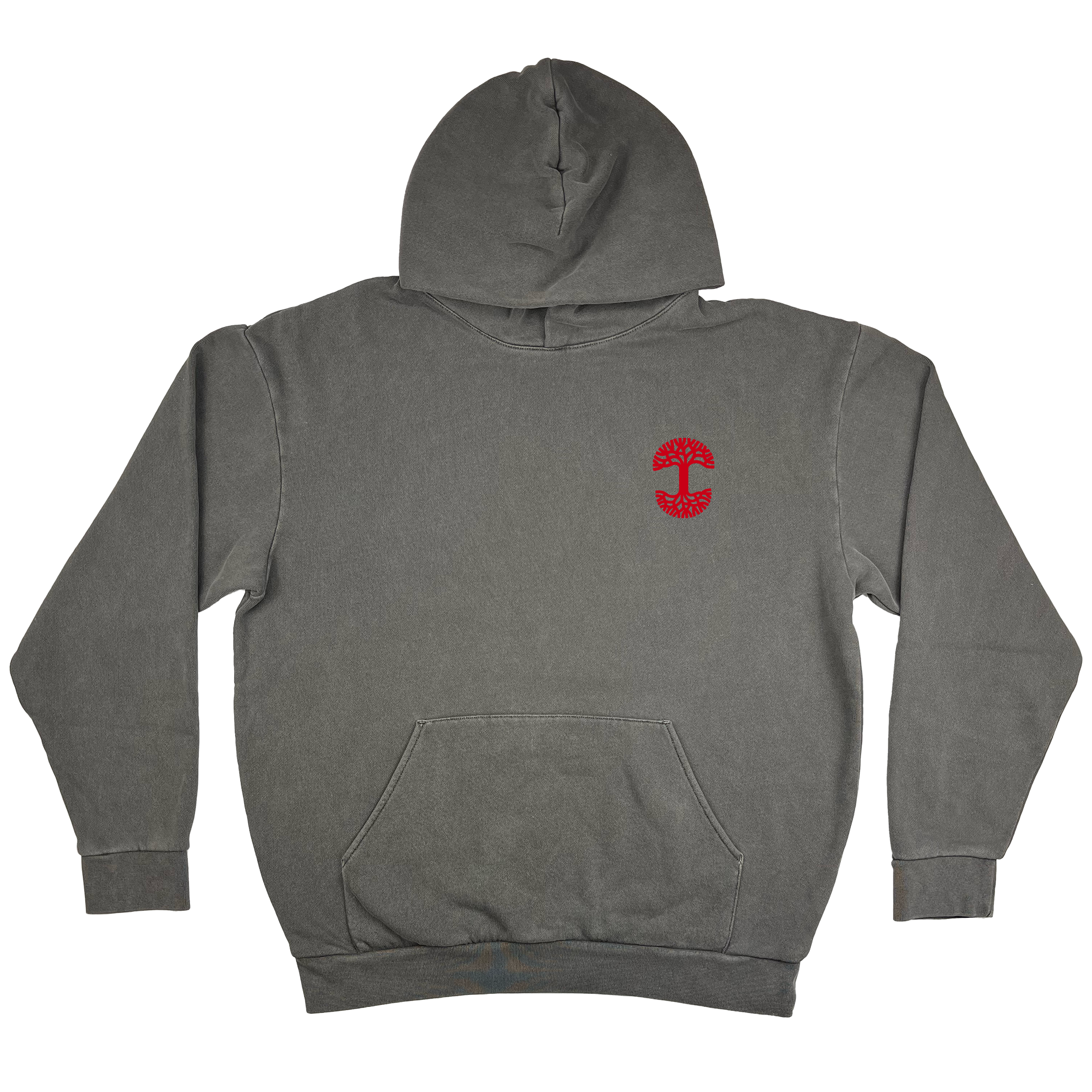 The Dragon Power Hoodie by Oaklandish is a gray, long-sleeve hoodie with a drawstring hood and front pocket. It features a small red graphic emblem on the upper left chest, echoing the vibrant essence of Oakland Chinatown and honoring Chinese American heritage with its soft, laid-back comfort.