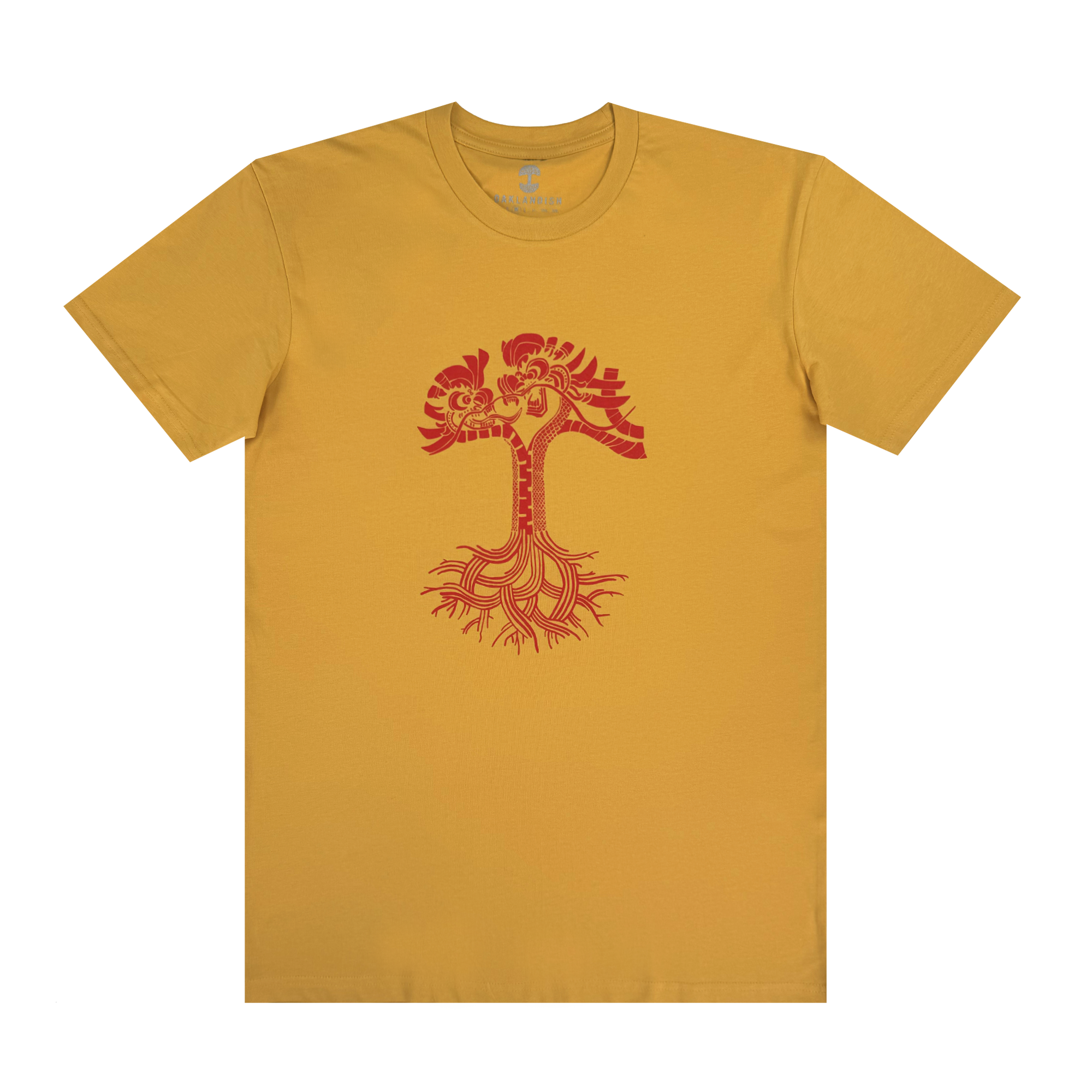 The Dragon Power Tee from Oaklandish is a yellow T-shirt featuring a red stylized tree with dragon-like branches and roots. The symmetrical, vibrant design captures the spirit of Oakland Chinatown, laid flat on a white background with shadows for depth.