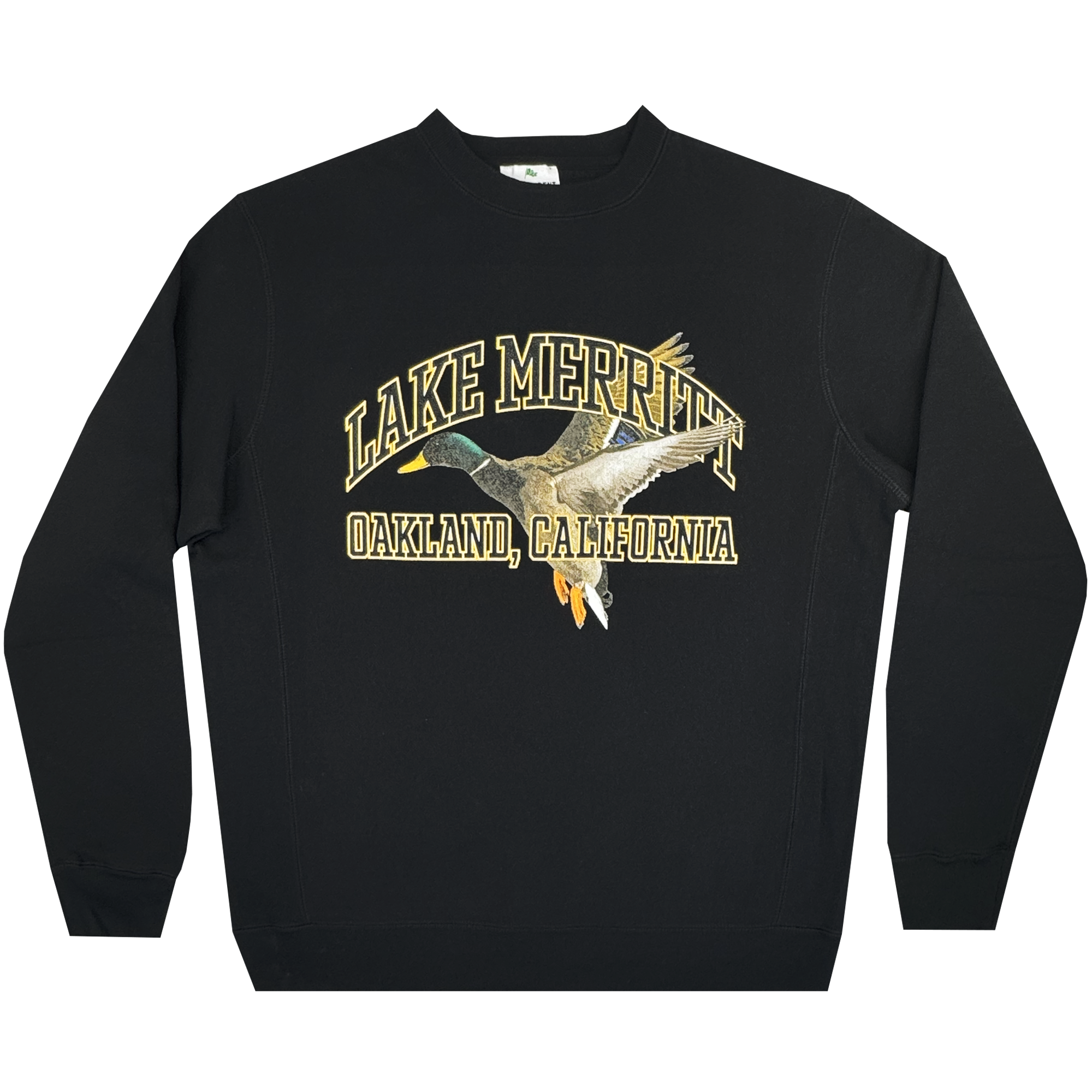 The men's Duck School Heavy Crew by Oaklandish is a black crewneck sweatshirt with a centered front design of a flying duck. “LAKE MERRITT” in bold gold letters with white outline sits above, while "OAKLAND, CALIFORNIA" appears below. Made from heavyweight fleece.