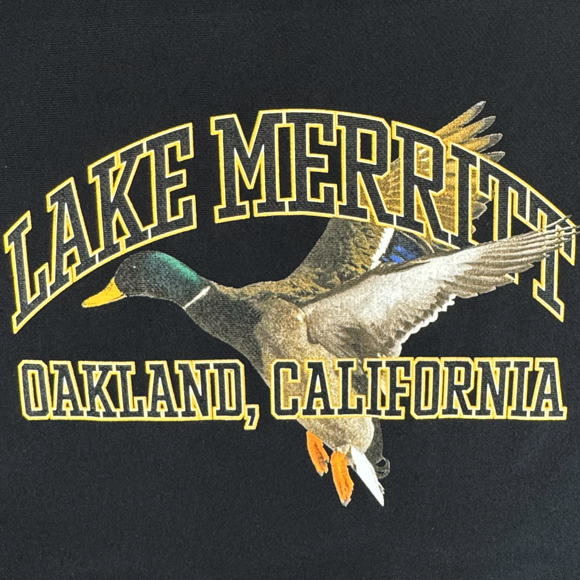 Oaklandish's "Duck School Heavy Crew" showcases a detailed illustration of a flying duck on black, with "Lake Merritt" in bold yellow above and "Oakland, California" below. This artistic design adorns a men's heavyweight fleece crewneck sweatshirt with realistic shading.