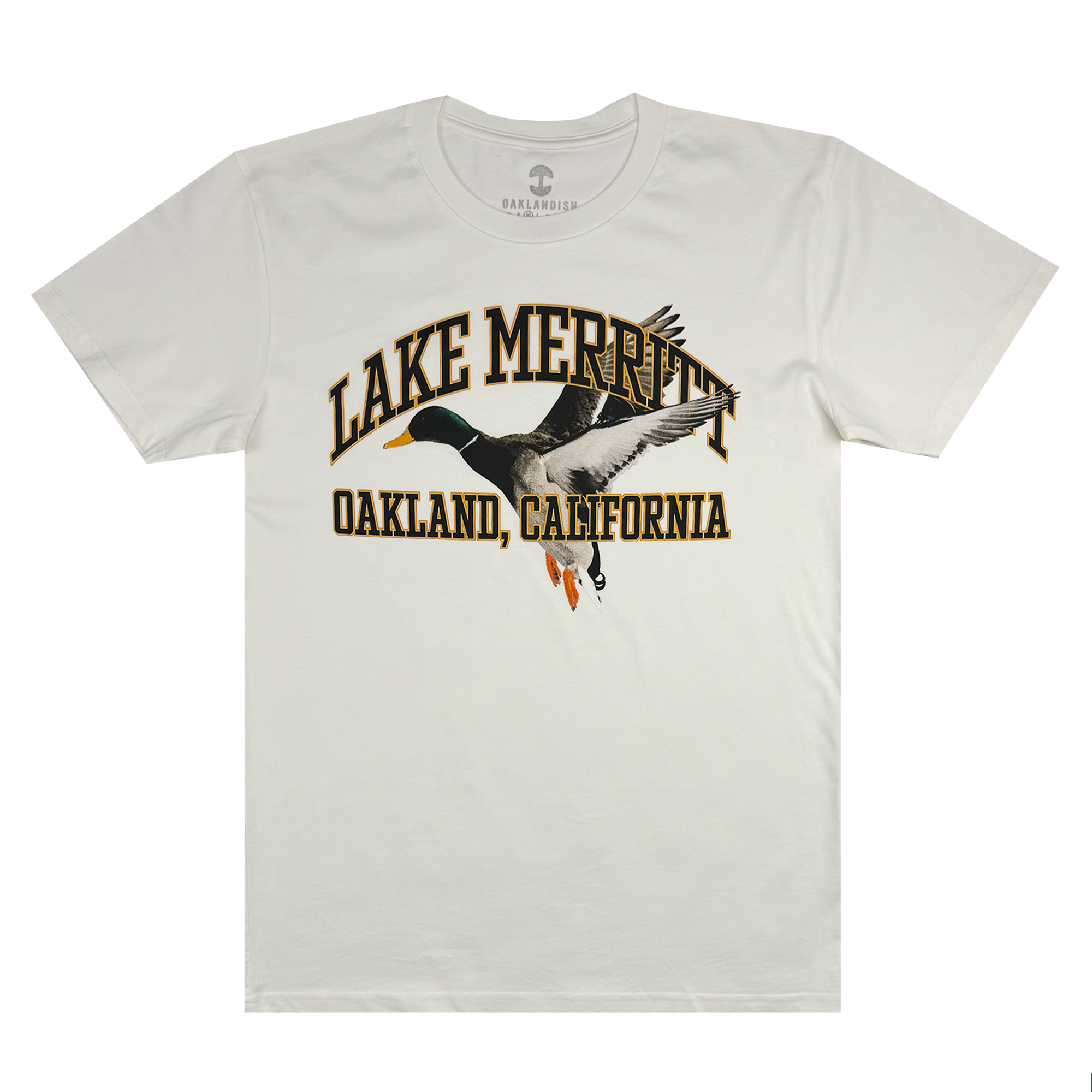 The Oaklandish Duck School Tee is a classic fit, 100% cotton T-shirt featuring a graphic of a flying duck. "Lake Merritt" is boldly arched above the design, with "Oakland, California" positioned below. The striking black and gold tones complete the design.