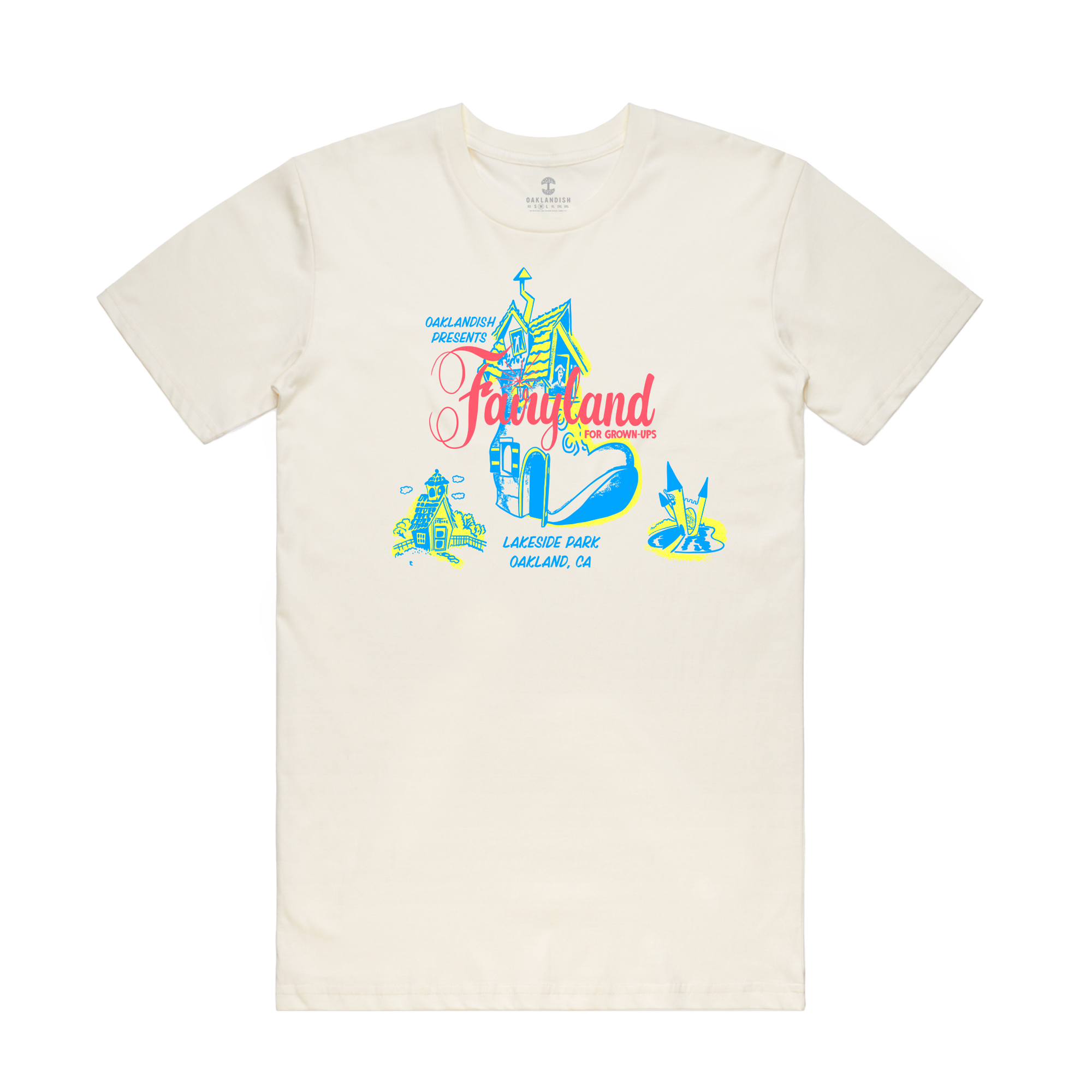 The Fairyland Sparkles Tee by Oaklandish is a classic fit beige T-shirt adorned with a colorful design of whimsical illustrations. The vibrant artwork includes playful sketches of a shoe house and a rabbit peeping from a hole, encapsulating the charm of a storybook theme park. The text, written in red cursive, reads "Oakland's Fairyland, Oakland Recreation Presents" and is complemented by "Lakeside Park Oakland, CA" in blue.