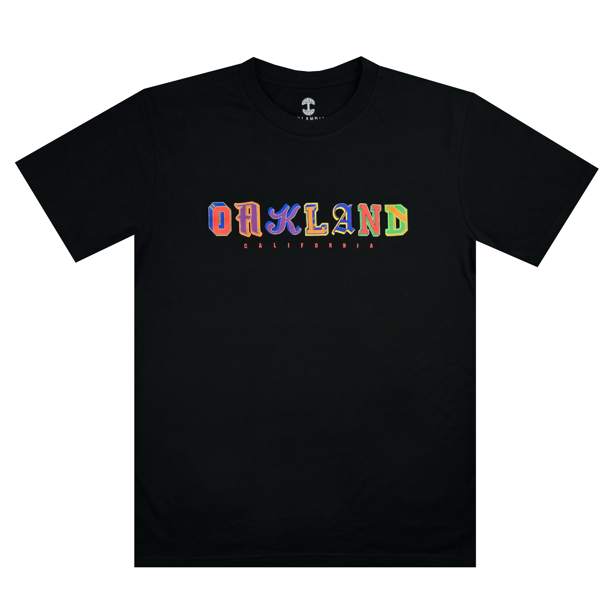 The First Team Tee by Oaklandish is a black, classic fit T-shirt made from 100% cotton. It prominently displays the word "Oakland" in colorful, bold letters across the chest, with "California" in smaller orange letters below. The shirt has a round neckline and short sleeves, with the design centered on the chest area.