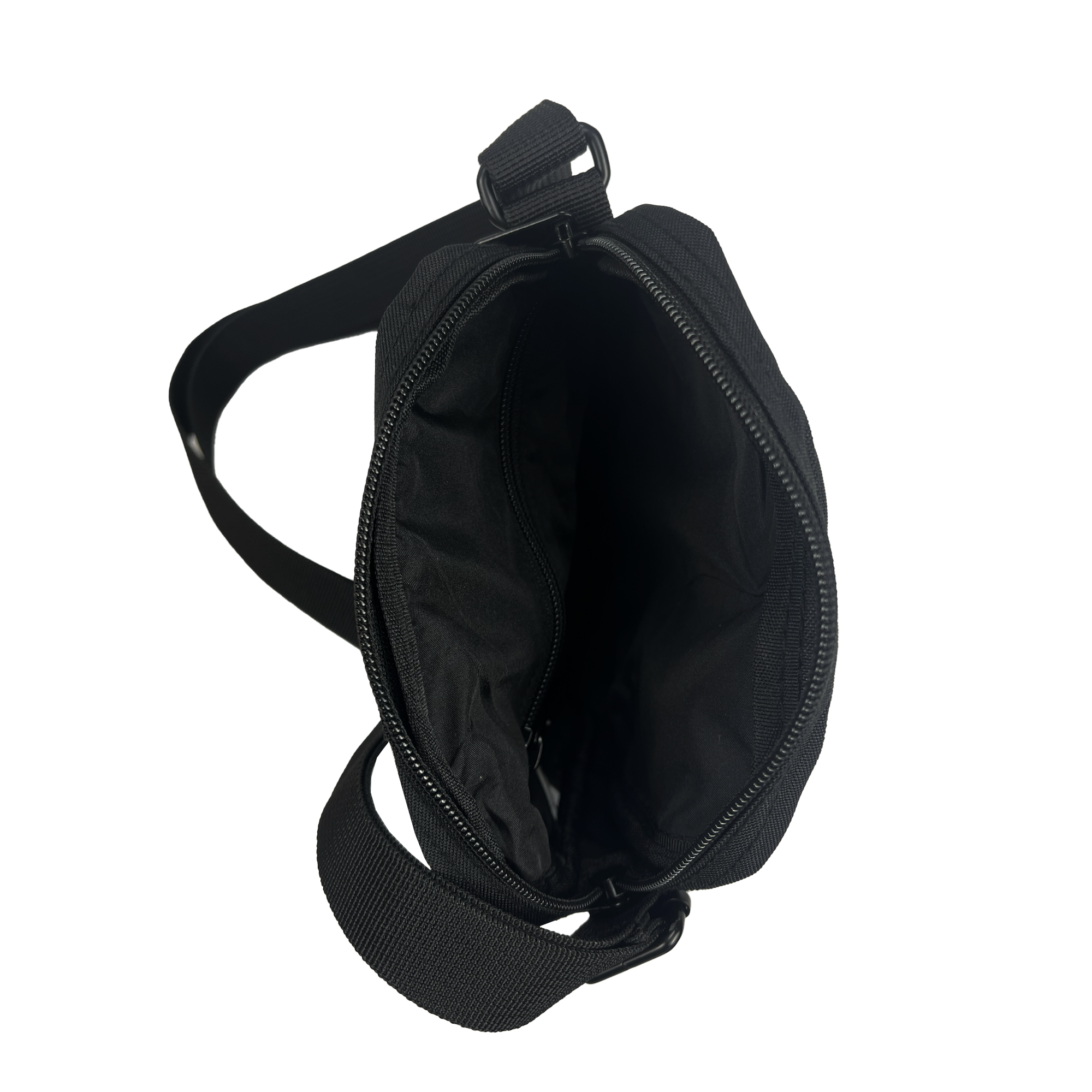 Image of the Hiero Flight Bag, a compact black shoulder bag by Hieroglyphics crafted from durable polyester with a single adjustable strap. The bag is open, showcasing a spacious main compartment devoid of internal pockets. The zipper is completely unzipped, providing a clear view inside. Perfect for carrying your hip-hop crew's essentials on the go.