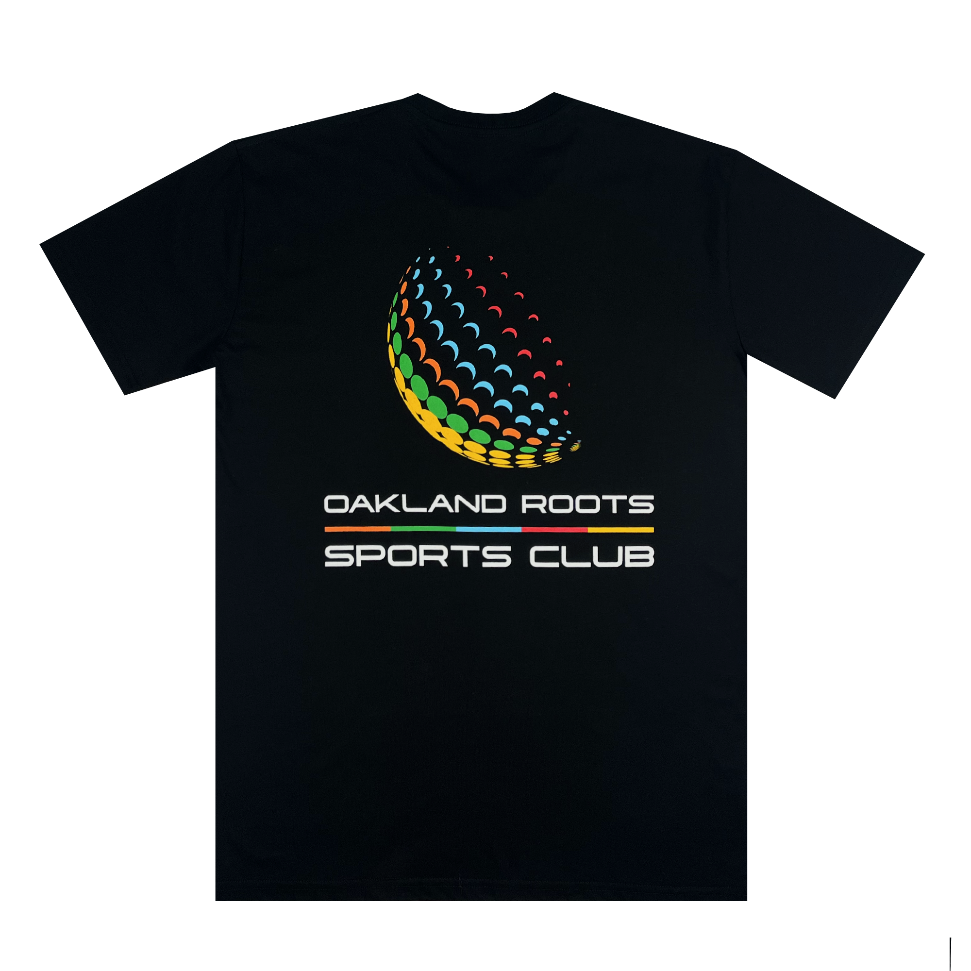 The black Foundations Golf Tee, from Oakland Roots SC, features a vibrant semi-circular design on the upper back with colors transitioning from blue to yellow to red, resembling overlapping arches. Below the design, "OAKLAND ROOTS SPORTS CLUB" is printed in bold white modern font, promoting social good and community pride.