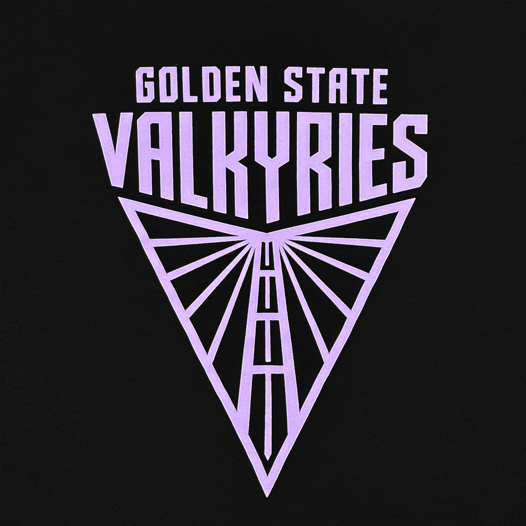 The image features the "Golden State Valkyries" logo in bold uppercase, with a geometric stylized triangle design and radiating lines in light purple on black, ideal for adorning the premium heavyweight GSV crewneck sweatshirt.