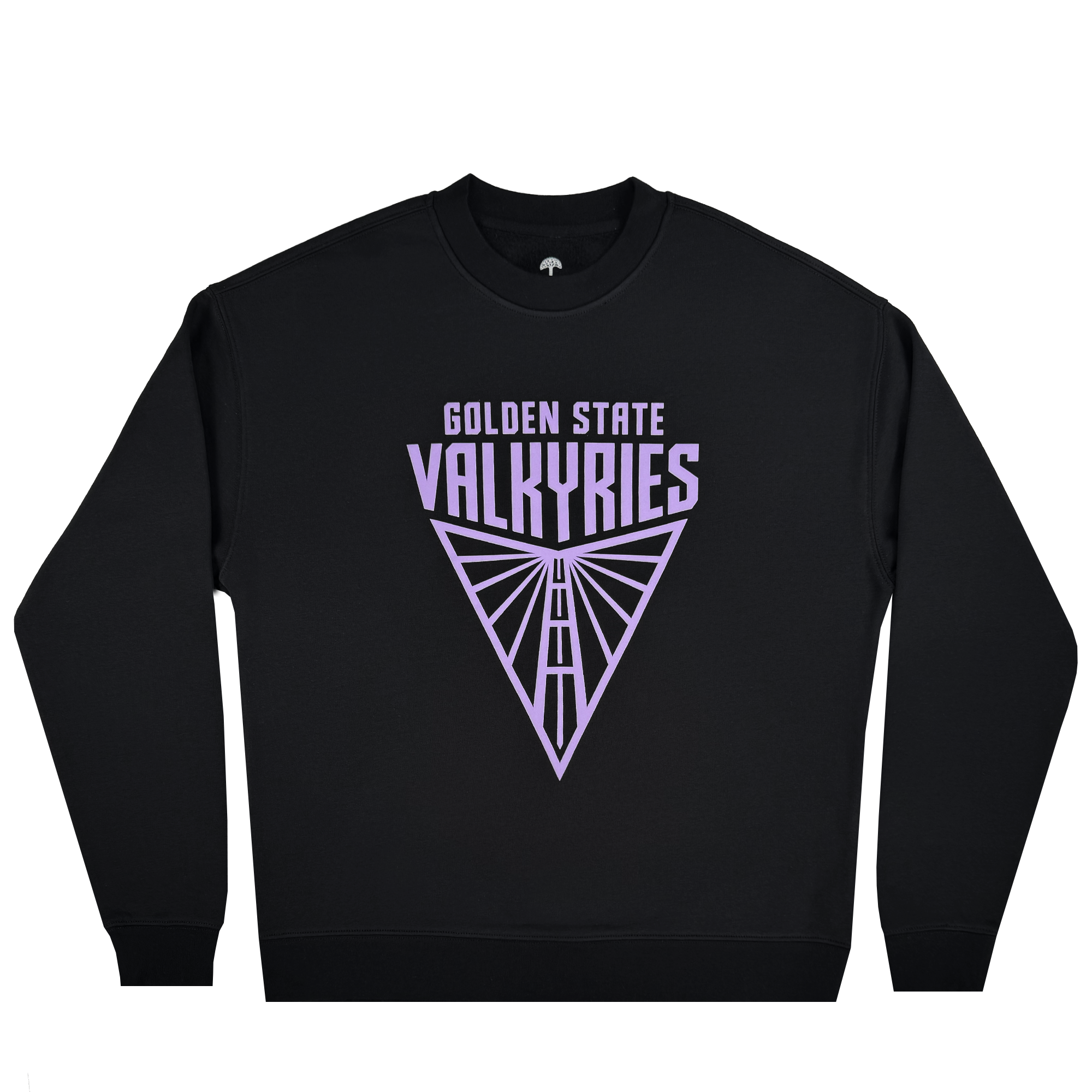 The Golden State Valkyries Primary Crewneck by GSV is a premium heavyweight fleece sweatshirt featuring "GOLDEN STATE VALKYRIES" text above a purple geometric triangle logo with intersecting lines.