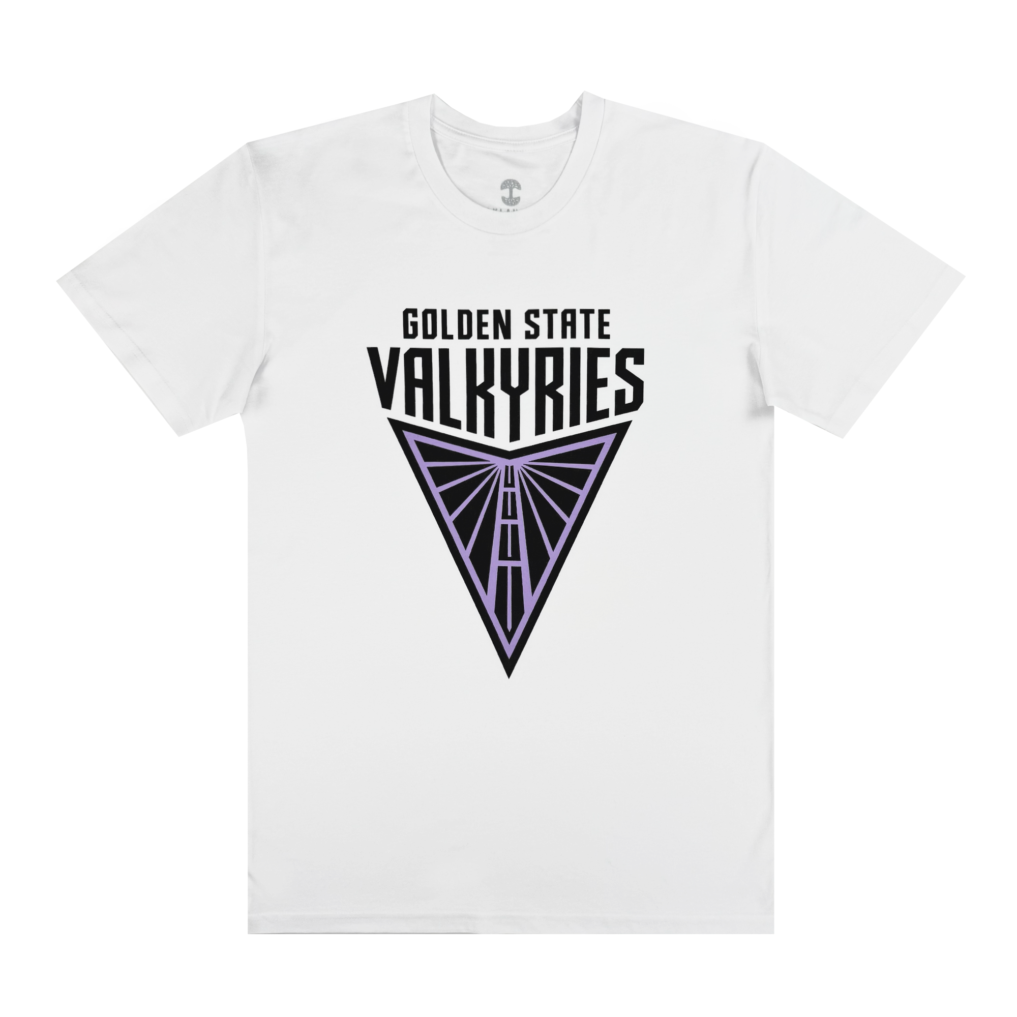 The Golden State Valkyries Primary Tee by GSV is a classic fit white t-shirt featuring "Golden State Valkyries" in bold black above a stylized purple triangle with a geometric vertical line pattern. Made of 100% cotton, it includes short sleeves and a round neckline for a modern, edgy look.