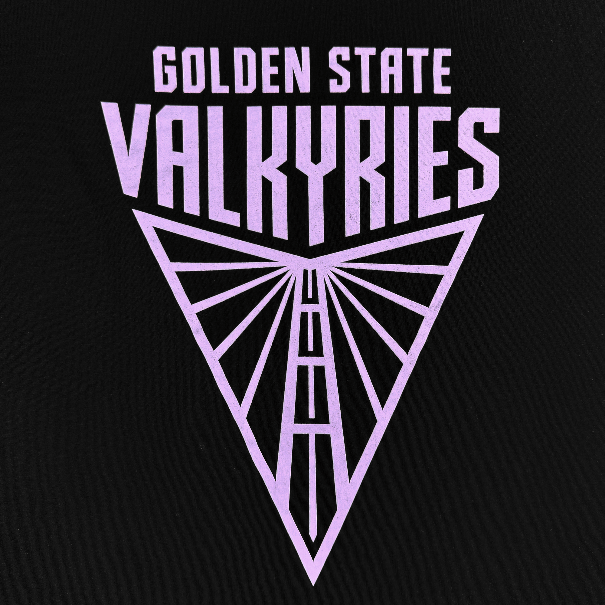 Featuring "Golden State Valkyries" in bold, stylized font at the top with a purple triangular wing emblem on a black background, the Golden State Valkyries Primary LS Tee by GSV is perfect for showcasing team pride.