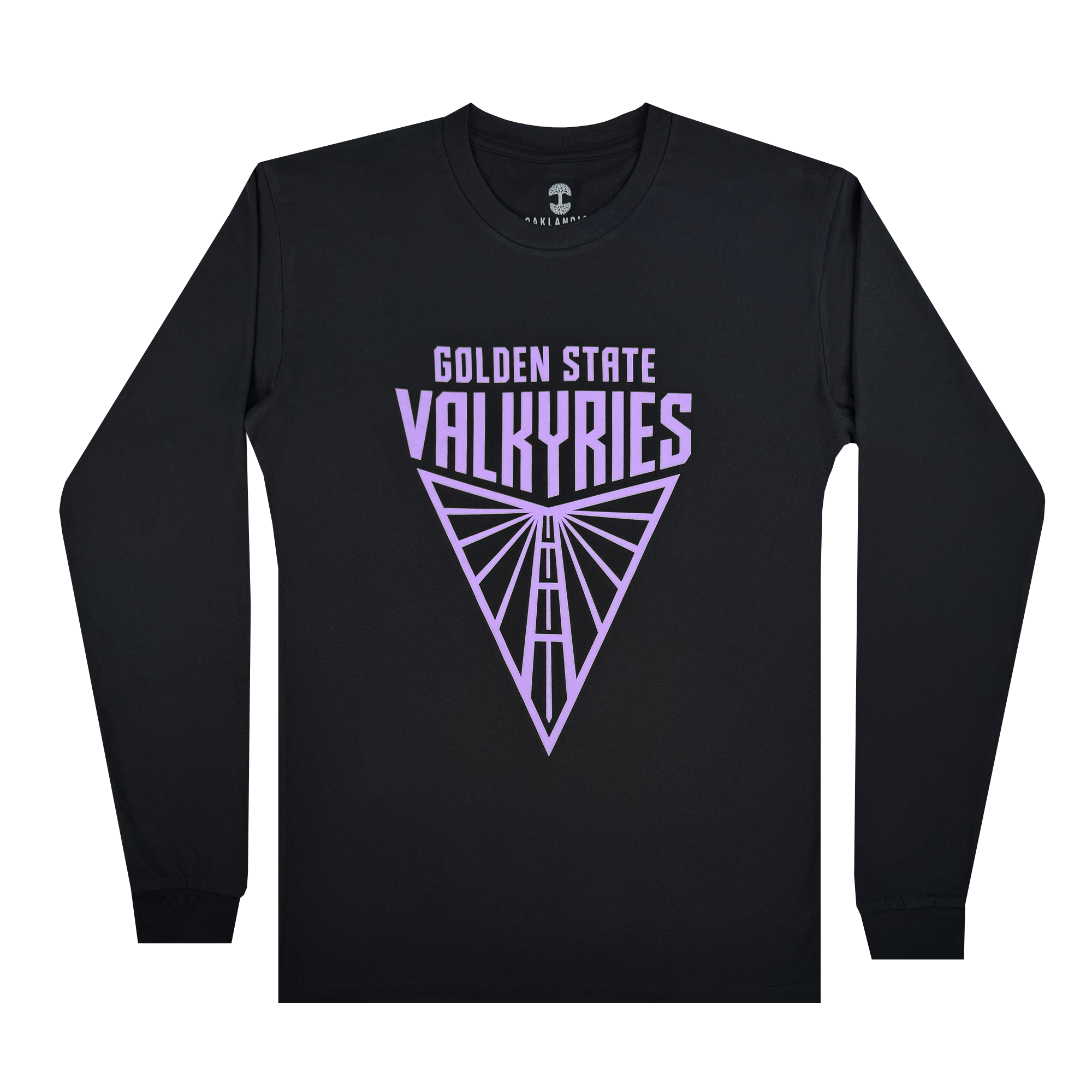 The Golden State Valkyries Primary LS Tee by GSV is a classic fit black long-sleeve T-shirt with "Golden State Valkyries" in bold purple text above a geometric triangular wing design on the chest, complete with ribbed cuffs for style and comfort.