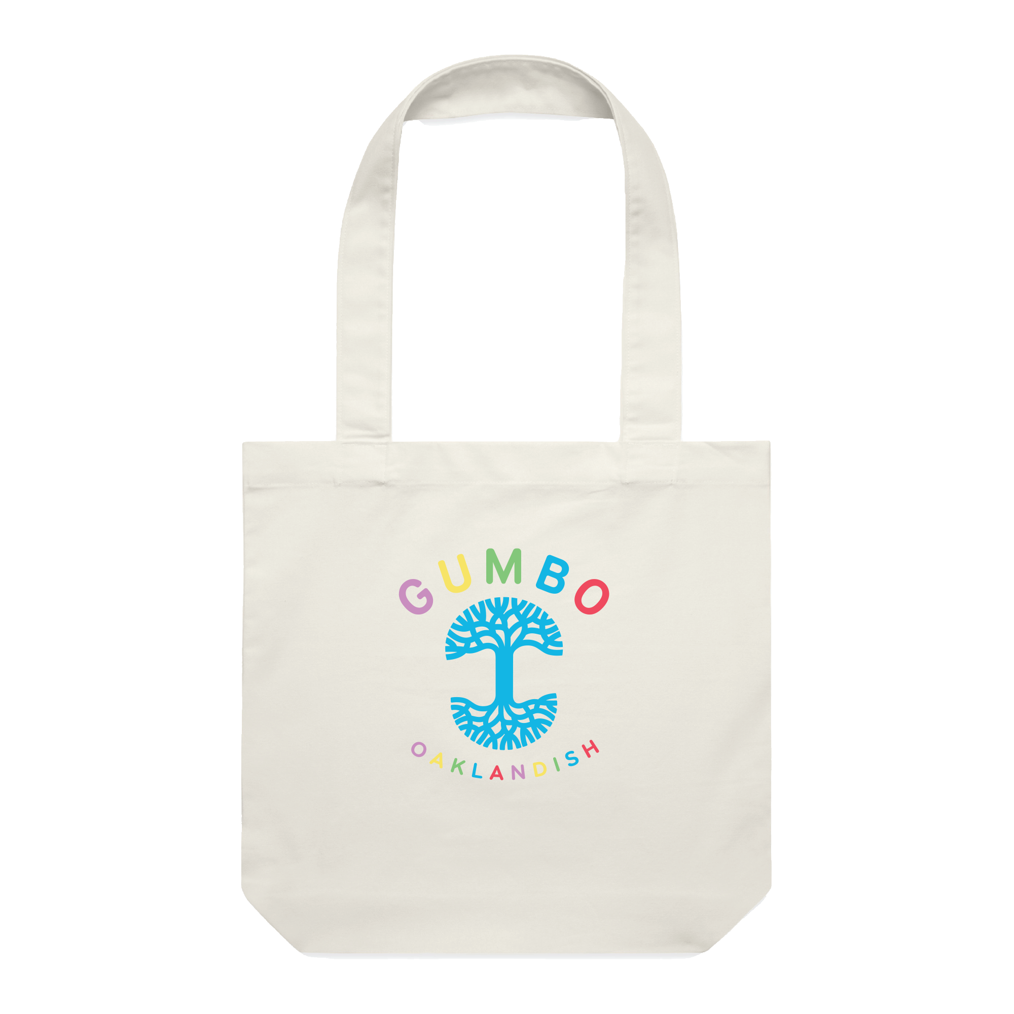 The GUMBO x Oaklandish Tote by Oaklandish is a contemporary canvas tote bag featuring two handles and a colorful design. It showcases the word "GUMBO" in rainbow colors at the top, a blue tree with spreading branches in the middle, and "OAKLANDISH" in rainbow colors at the bottom. This streetwear piece centers around vibrant tree imagery.