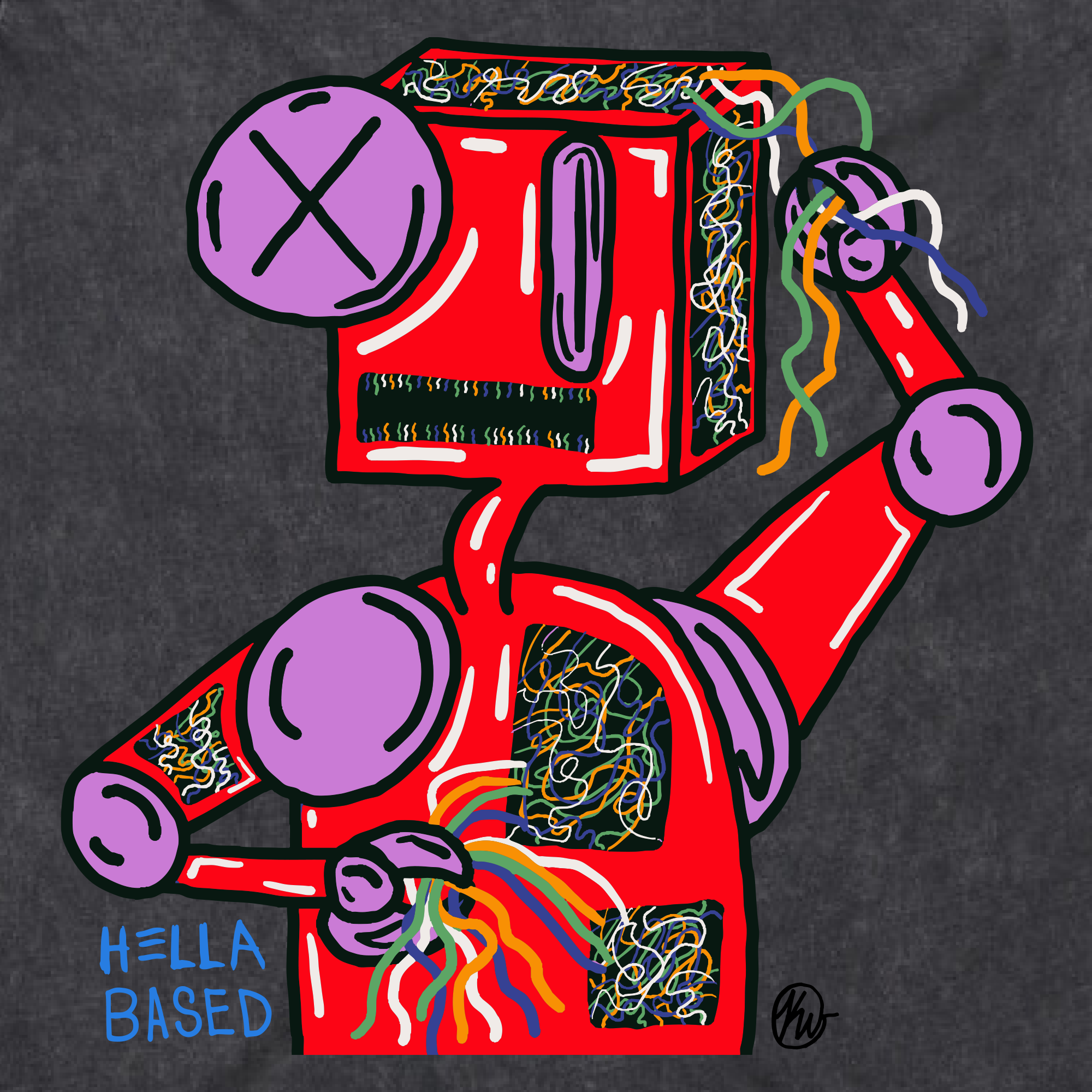 The Tangled Robots Tee by Other features a vibrant, abstract robot with a red body, purple joints, and multicolored wires on a dark textured background. Refined graffiti swirls over its surface with "HEŁŁA BASED" in bold blue lettering at the bottom left corner.