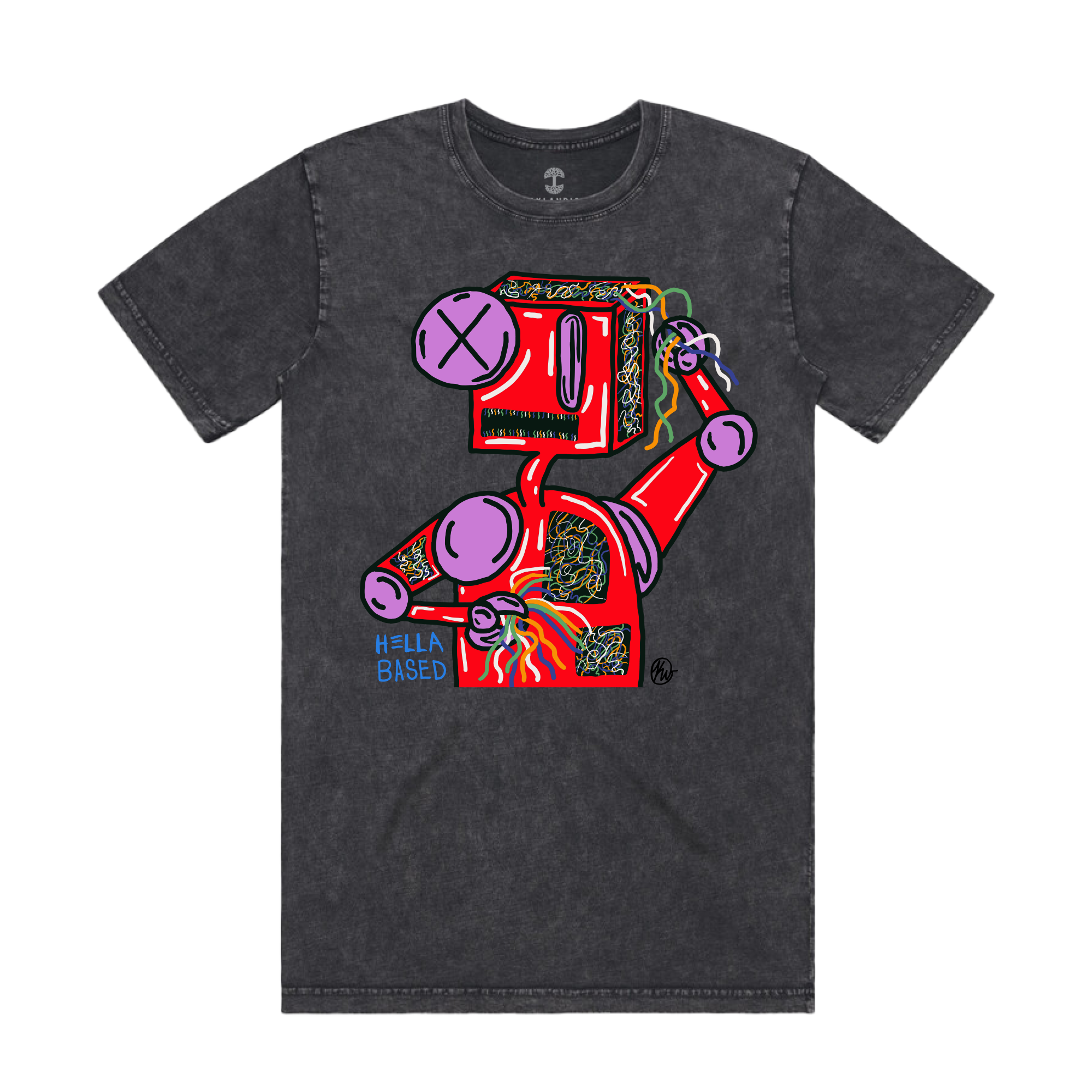 The Tangled Robots Tee by Other is a gray t-shirt with an abstract design featuring a red, boxy character with black patterns, pink arms, and a purple X-eyed face. Highlighting graffiti-street art fusion, it displays "Hella Bays'd All-Star Weekend" in blue at the bottom.