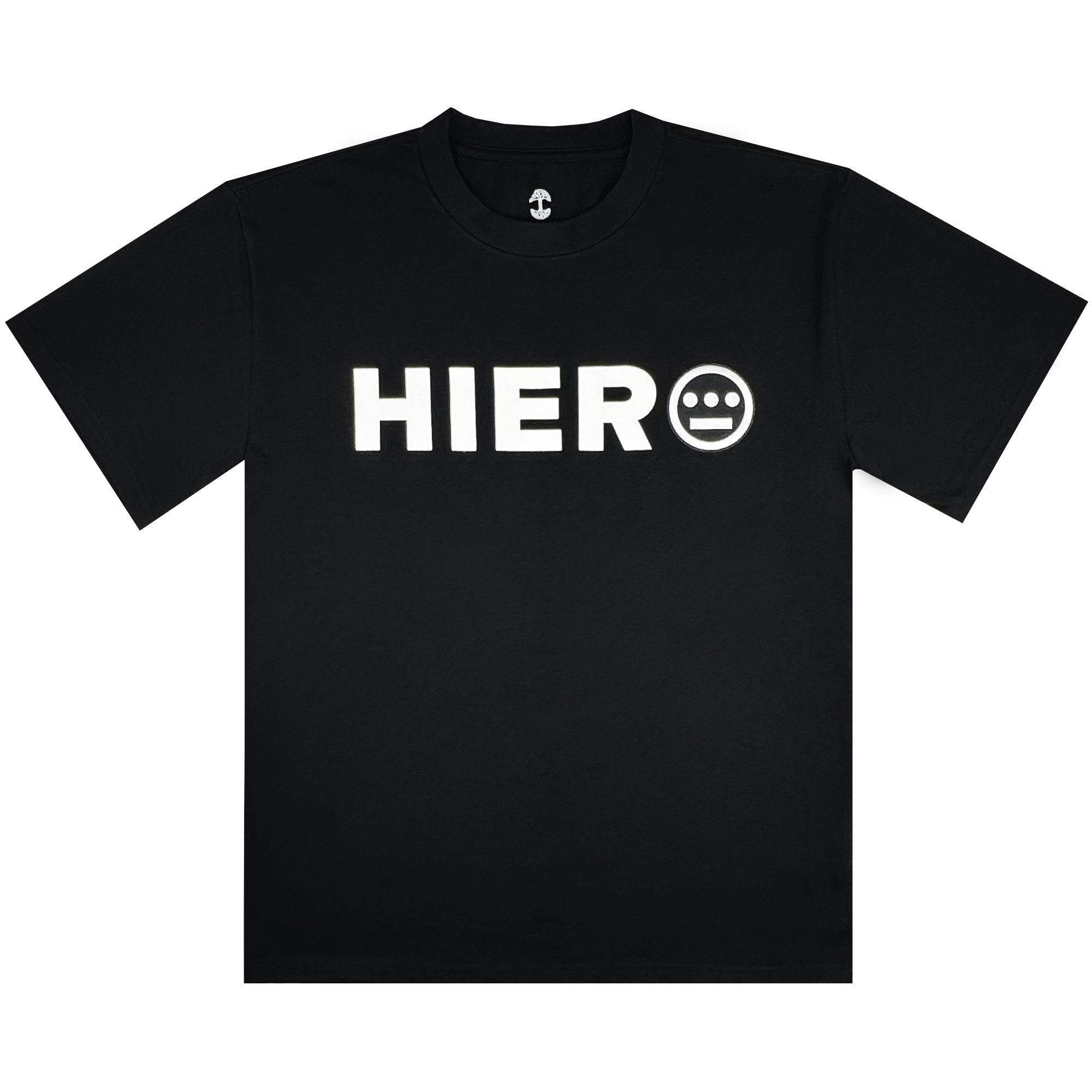 The Hiero Bold Heavy Tee by Hieroglyphics is a black T-shirt with "HIERO" in bold white letters on the chest, inspired by hip-hop culture. It features a face-like white circle with three lines and two dots, round neckline, and short sleeves against a white background.