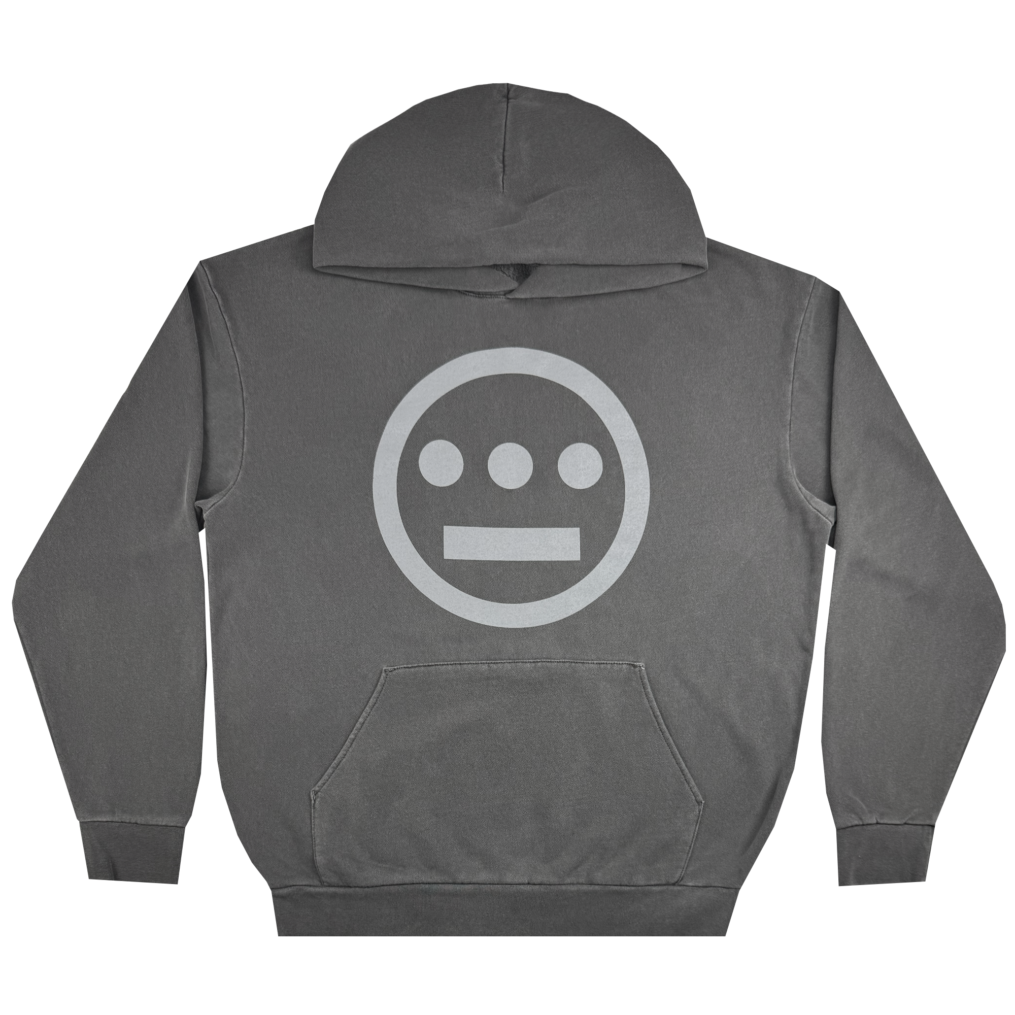 Introducing the Hiero Heavy Hoodie by Hieroglyphics: a gray pullover hoodie made from heavyweight fleece. It features a large circular logo on the front, showcasing three horizontal dots above a single line, reminiscent of ancient hieroglyphs. This cozy hoodie also includes a front pocket and an attached hood for added comfort.