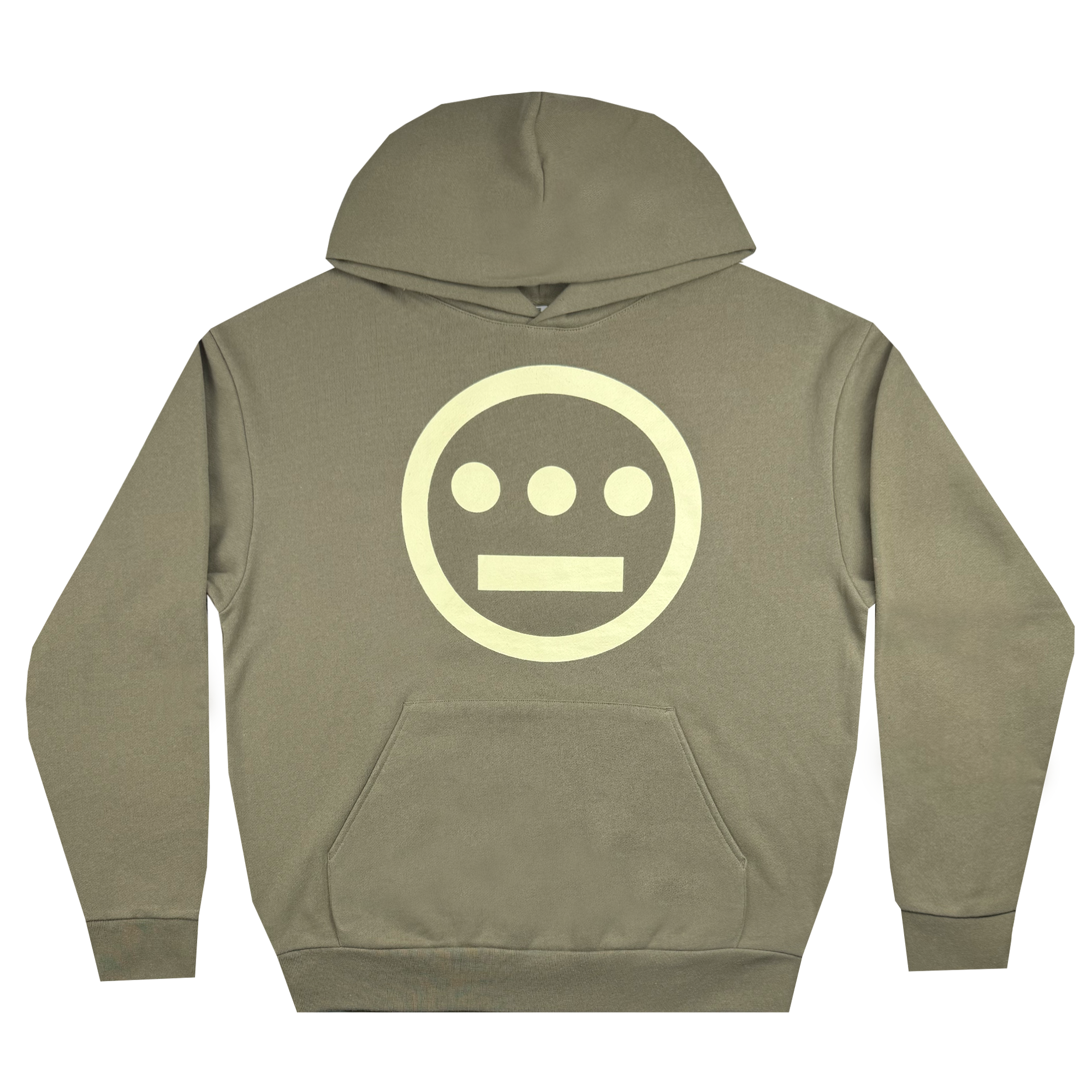 Introducing the Hiero Heavy Hoodie by Hieroglyphics, an olive green pullover crafted from premium heavyweight fleece. It boasts a striking off-white circular design on the front, featuring three dots above a straight line that evokes hieroglyphic symbols. The hoodie is completed with a convenient front pocket and an attached hood for extra comfort.