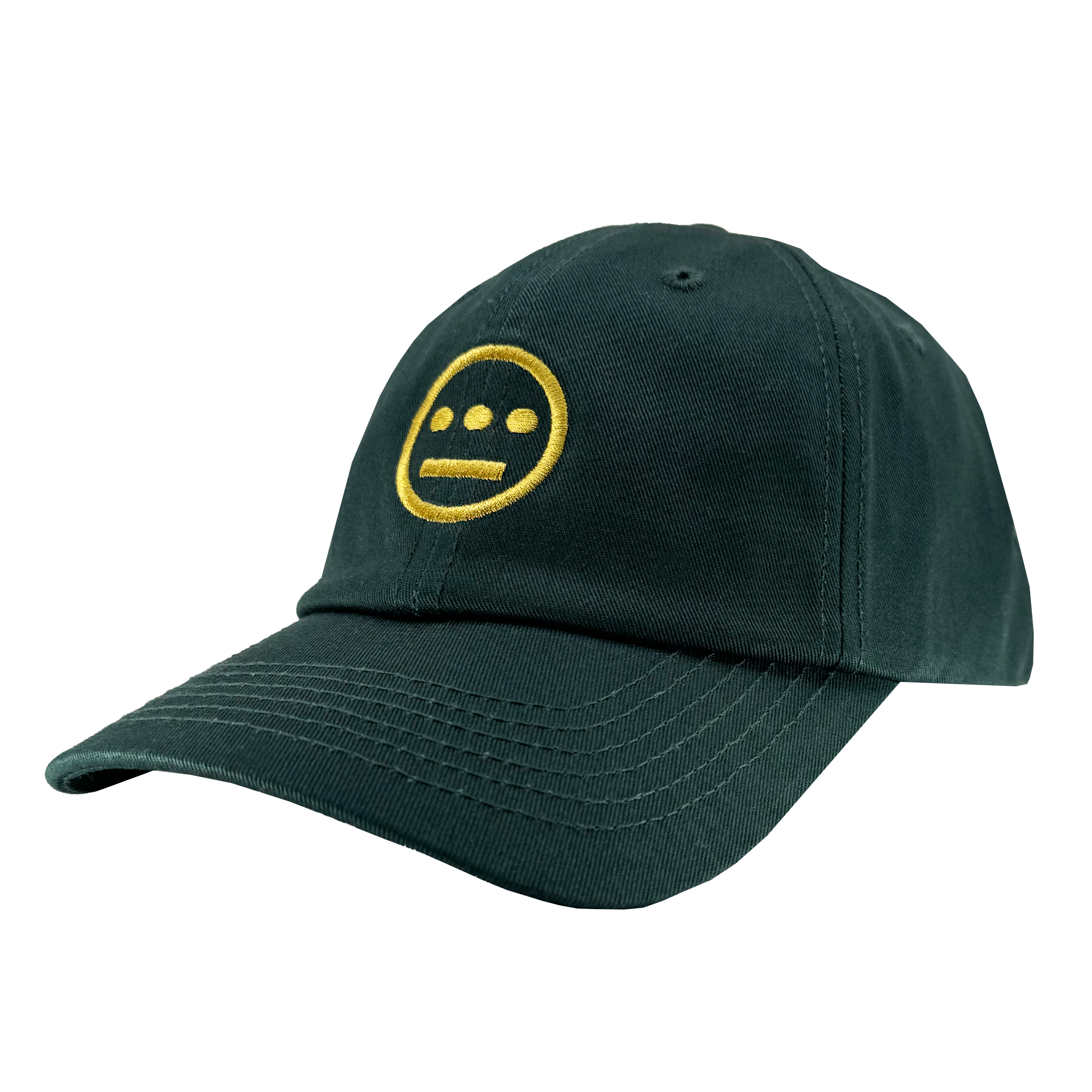 The dark green Hiero Logo Dad Hat by Hieroglyphics features a yellow embroidered logo resembling hieroglyphics—a circle with three lines above two dots. Its adjustable strap back and visible stitching along the brim and panel seams add character, showcased from a front and side angle.