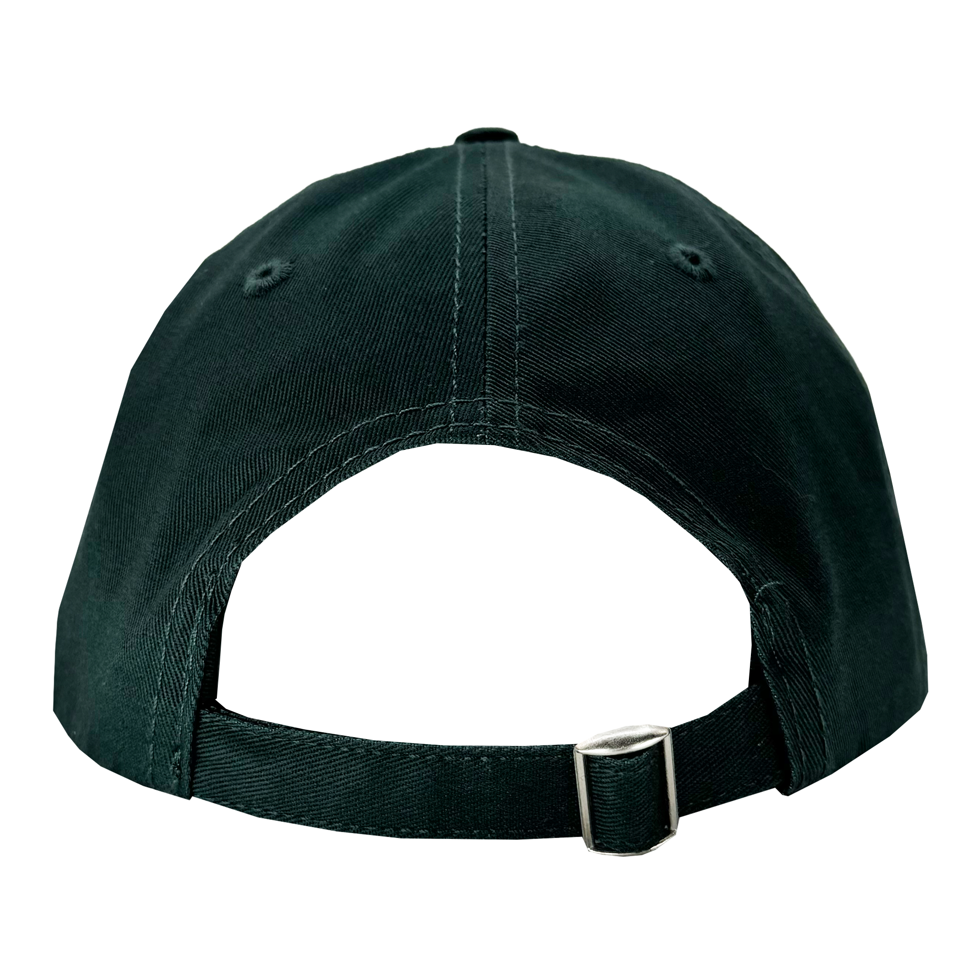 A black "Hiero Logo Dad Hat" by Hieroglyphics, shown from the rear, features a curved brim, adjustable strap with a metal buckle, an opening above the strap, and visible stitching lines for added detail.