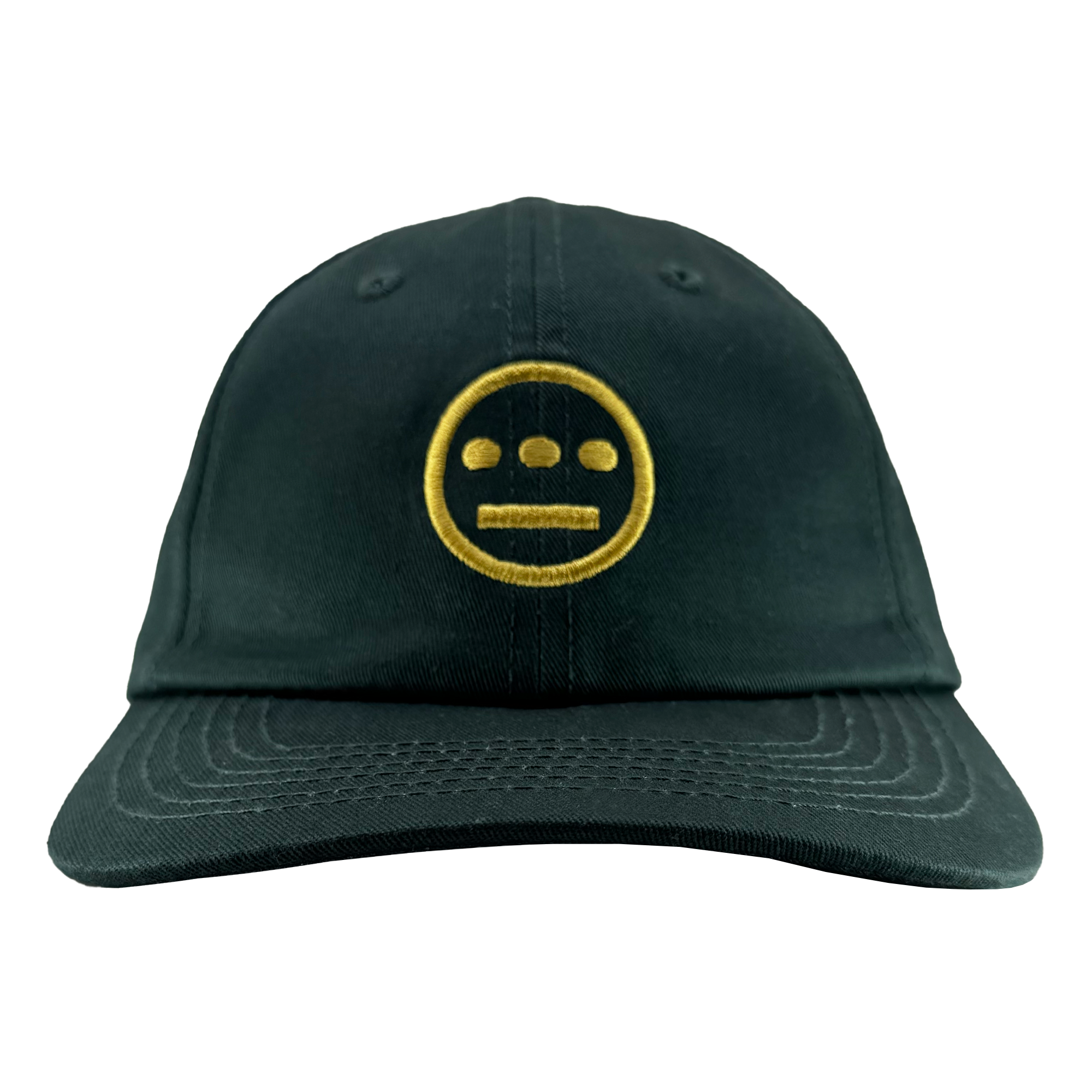 The Hiero Logo Dad Hat by Hieroglyphics is a black cap with a yellow embroidered face featuring two horizontal eyes and a mouth on the front. It includes a curved brim with stitched details and an adjustable strap back, set against a plain white background.