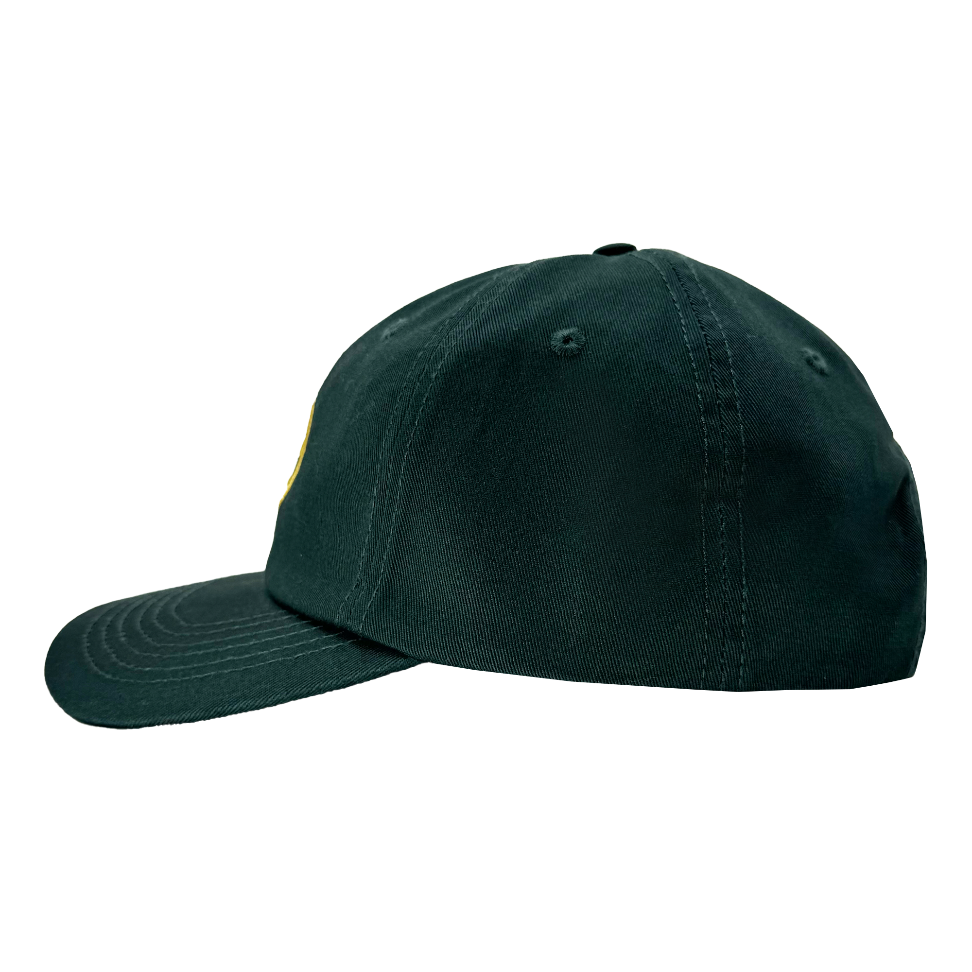 Side view of the Hiero Logo Dad Hat in dark green by Hieroglyphics, featuring a curved brim and a yellow hieroglyphic emblem on the front left panel. It has crown stitching and an adjustable back strap, maintaining a simple and classic design.