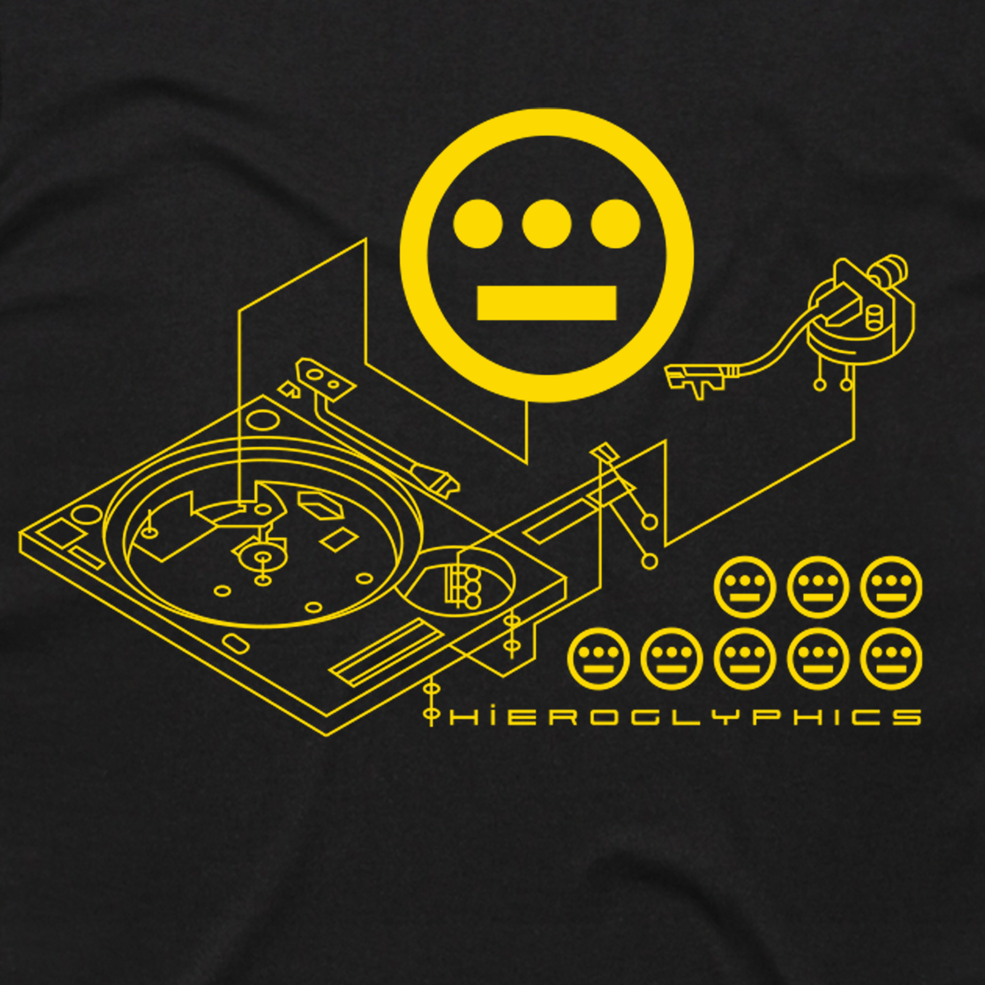 The Hiero Turntable Tee by Hieroglyphics features a striking design with yellow line art of a turntable on a black backdrop, showcasing an exploded view of its components. A bold yellow circle with three dots above a line is prominently displayed above. Below, the word "HIEROGLYPHICS" is accompanied by small circle-dot faces arrayed alongside it, making it an ideal t-shirt for hip-hop enthusiasts.