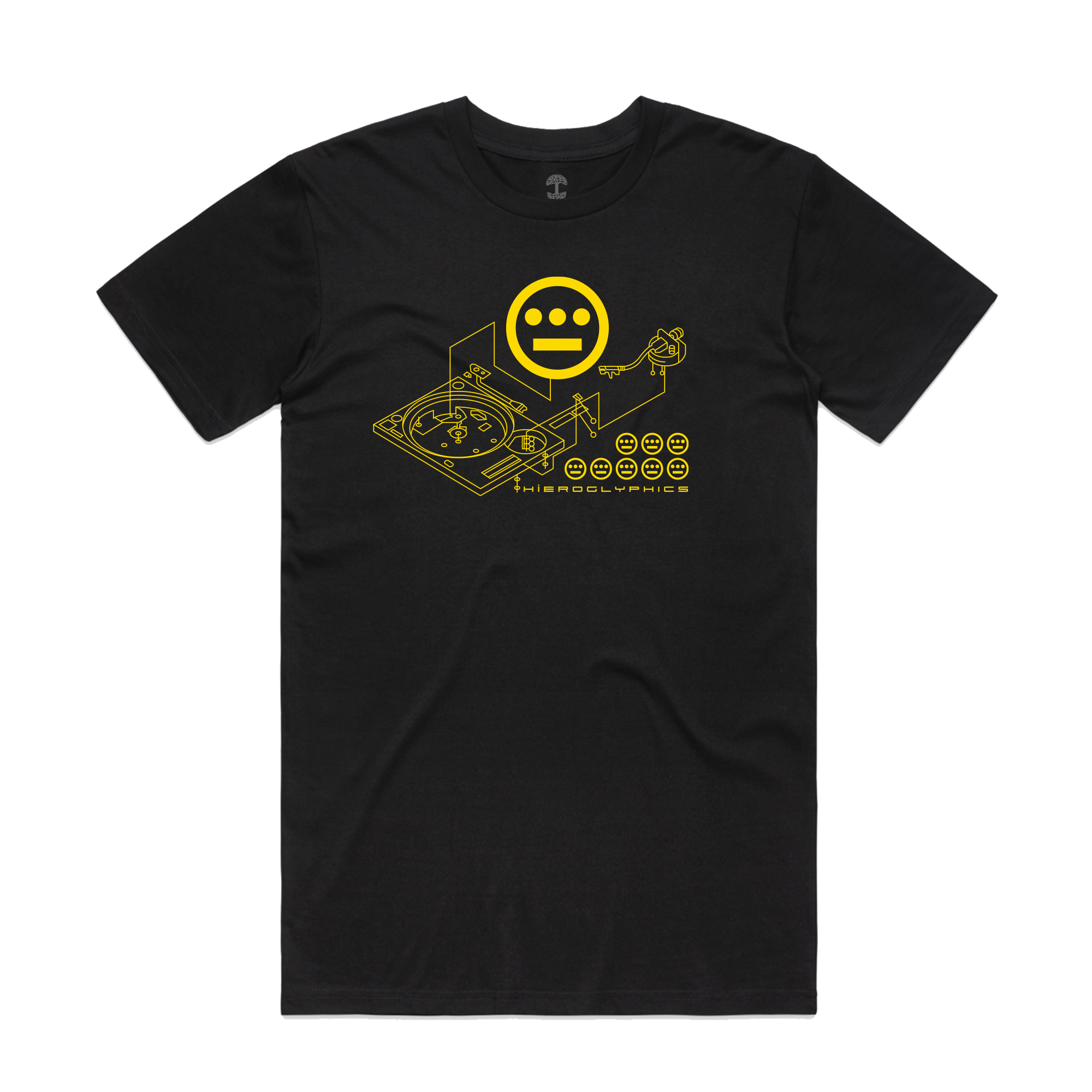 The Hiero Turntable Tee by Hieroglyphics is a black T-shirt adorned with a yellow geometric illustration of a turntable and a stylized smiling face. Capture the hip-hop vibe with "Hieroglyphics" and circular symbols below, making this tee essential for music enthusiasts.