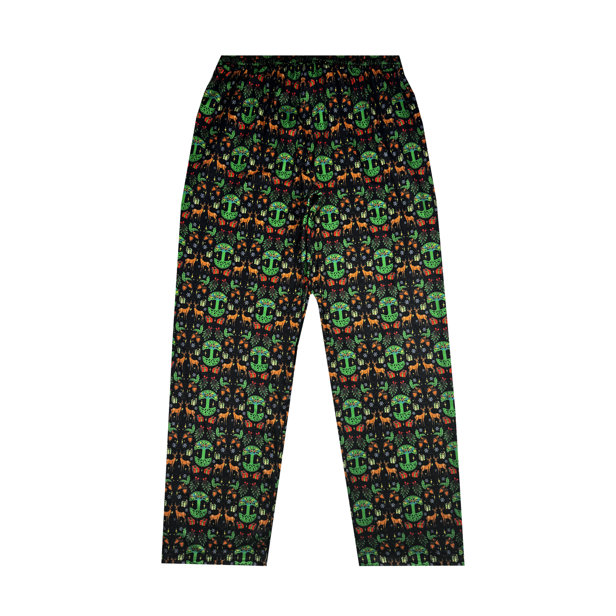 The Oaklandish Holiday Pajama Pants by Oaklandish are made from organic cotton and showcase a repeating pattern of green and orange Jack-o’-lantern faces with glowing eyes and grinning mouths. Set against a dark background, this vibrant design creates a festive and spooky Halloween-themed appearance, ideal for cozy holiday nights.