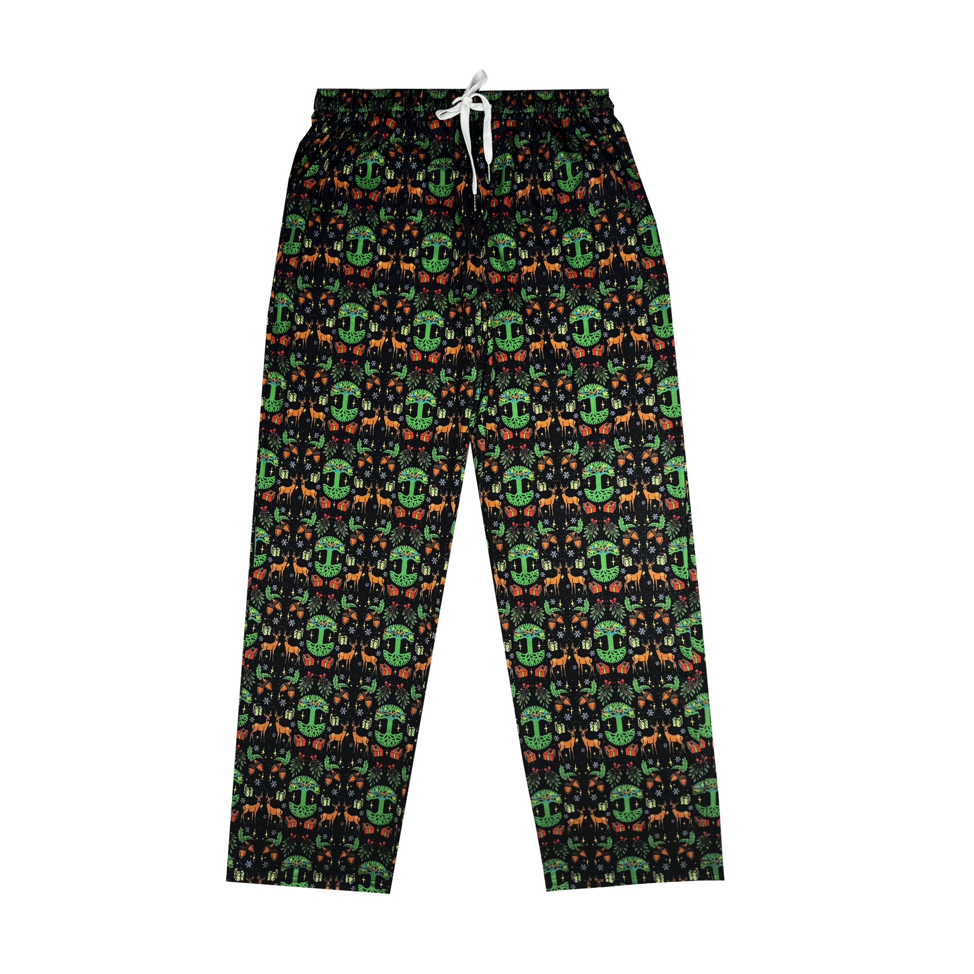 The Oaklandish Holiday Pajama Pants are unisex and made from organic cotton, showcasing a vibrant Halloween-themed design with green pirate skulls, crossed bones, pumpkins, and orange bats. They include an elastic waistband with a white drawstring for convenient adjustment, perfect for feeling cozy during the holiday season.