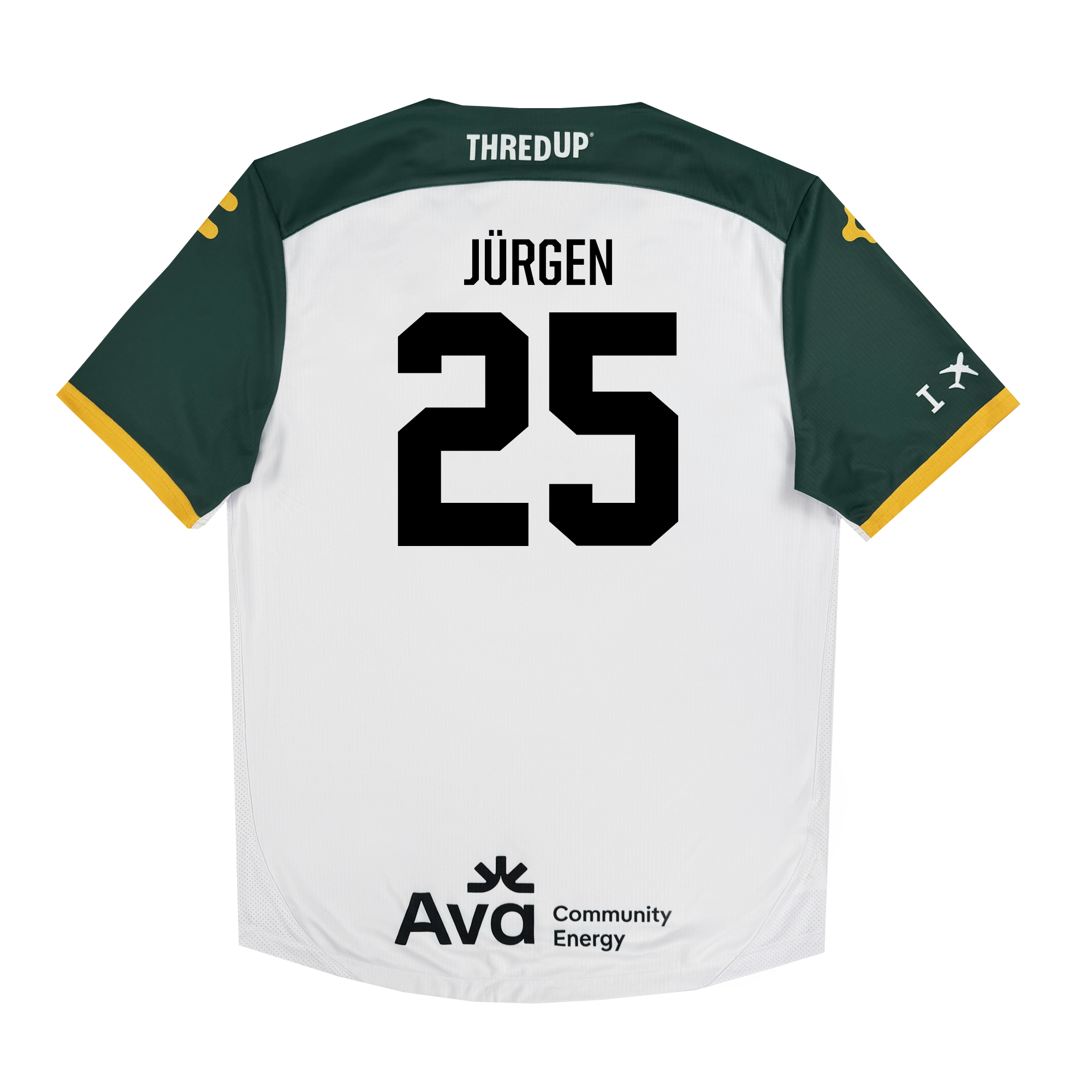 The Unisex Oakland Roots SC 2025 Second Kit showcases "JÜRGEN" with number "25" in black. It features green shoulders with yellow trim, honoring Oakland sports history. Sponsored by "THREDUP" and "Ava Community Energy," it's ideal for any fan of the Oakland Roots SC!.