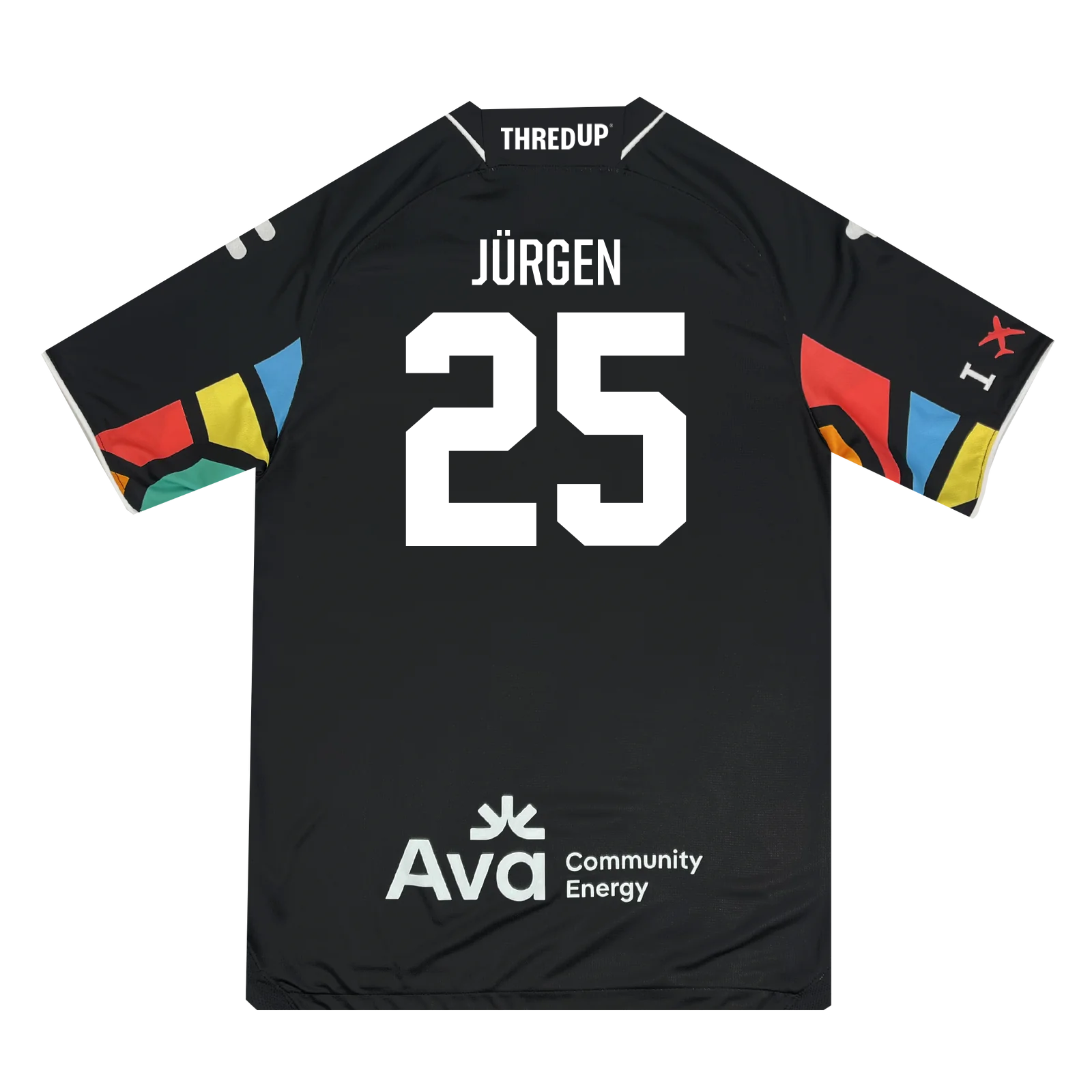 Unisex Oakland Roots SC 2025 First Kit boasts geometric patterns, "JÜRGEN" and number "25" in white on the back. Vibrant sleeves, "THREDUP" front, with sponsor logos "Ava," and "Community Energy" celebrate the Oakland Roots SC style.