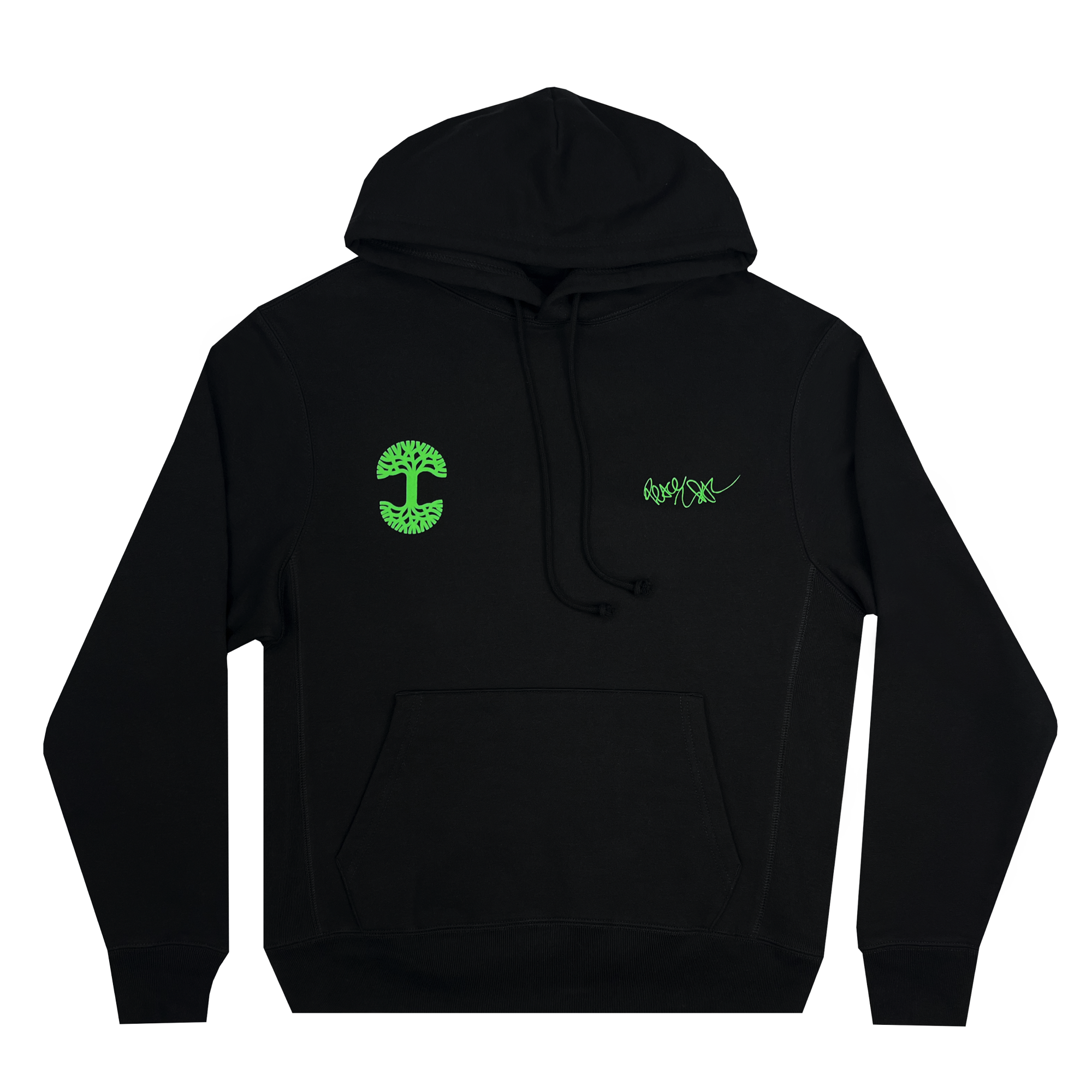 Introducing the "You Got To KYHU Hoodie" by Oaklandish, a black sweatshirt showcasing a green tree-shaped logo on the left chest and green script text on the right, merging classic Oakland culture with contemporary style. It comes equipped with a front pouch pocket and a drawstring hood as part of the iconic Oaklandish x Tupac collaboration.