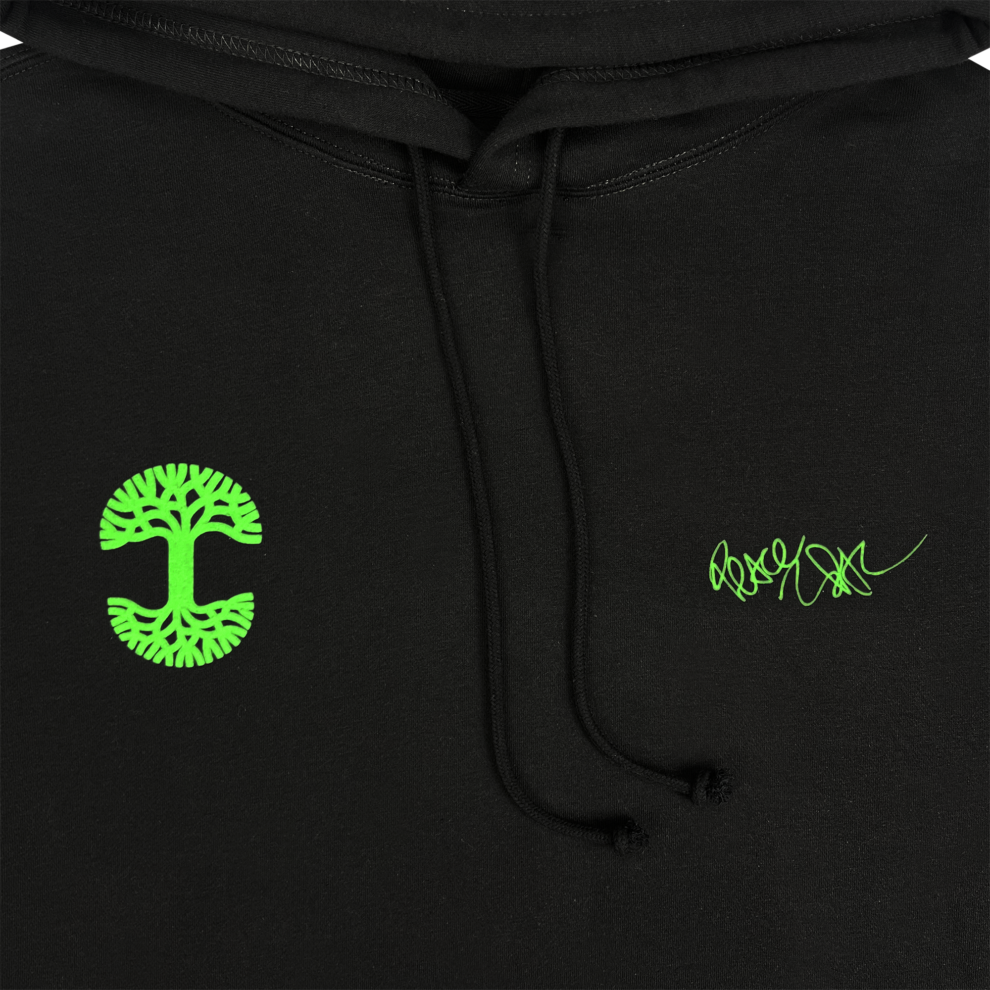 Close-up of the You Got To KYHU Hoodie by Oaklandish, showcasing a striking bright green tree-like design on the left and a stylized green signature on the right, embodying Oakland culture. Inspired by the Oaklandish x Tupac collaboration, its smooth, matte texture is complemented by center-hanging strings.