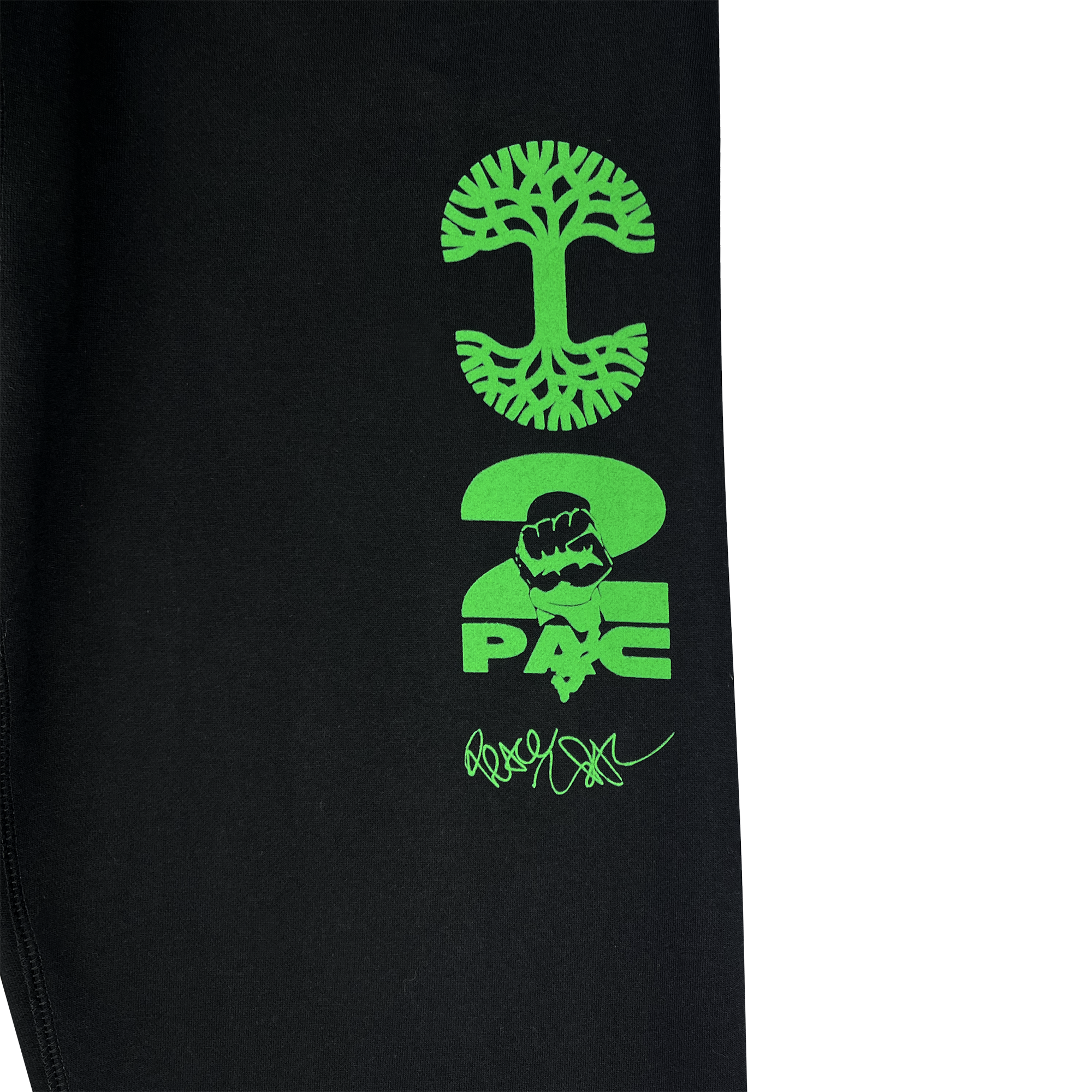 The You Got To KYHU Jogger by Oaklandish showcases a black fabric with a vibrant green graphic design. It features two stylized trees forming a circle, a profile image of Tupac in a cap and bandana, the text "2 PAC," and his signature at the bottom. This piece is part of an exclusive Oaklandish hip-hop collection honoring Tupac's iconic legacy.