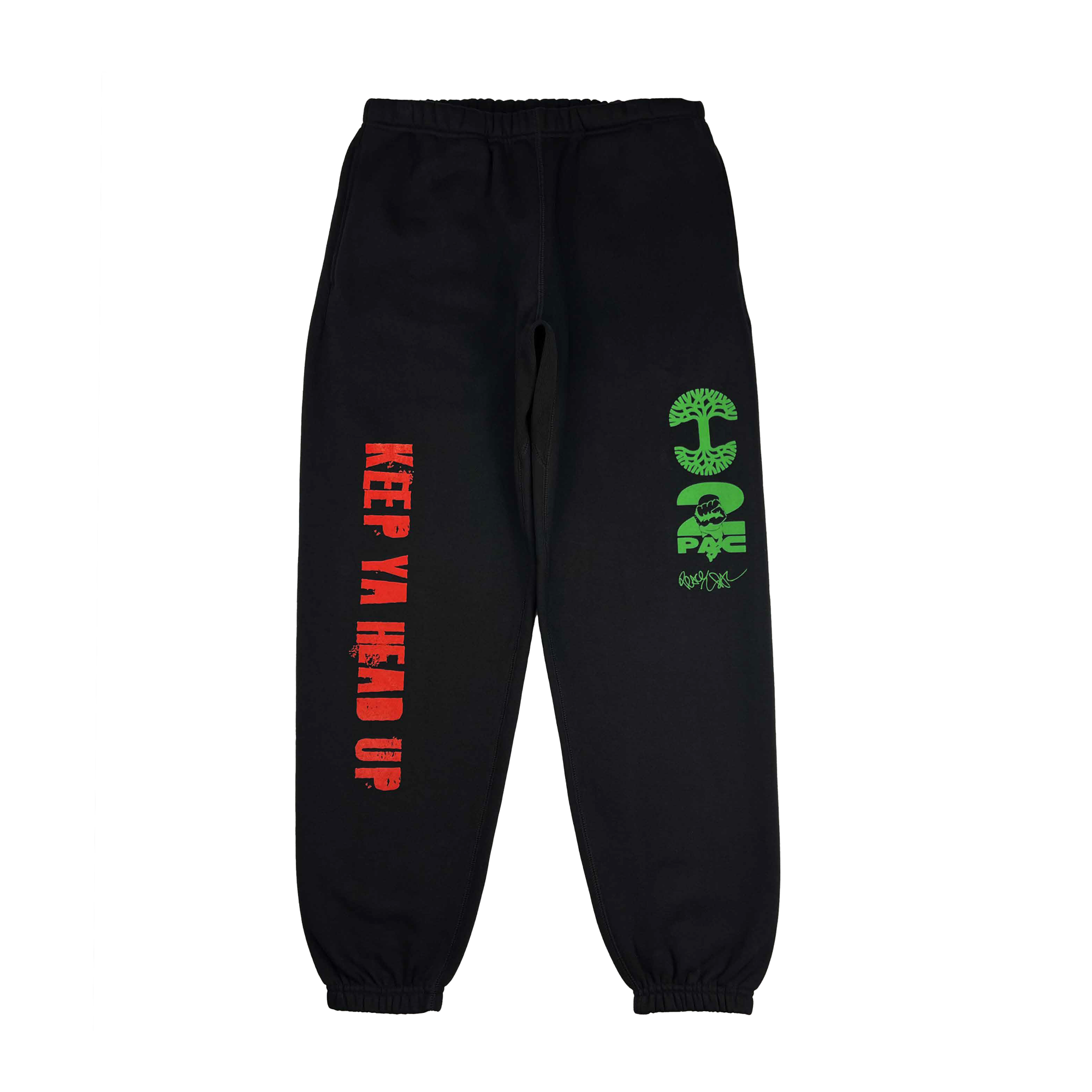 The You Got To KYHU Jogger by Oaklandish is a standout piece from our Tupac collaboration, featuring black sweatpants with elastic cuffs. The left leg showcases "KEEP YA HEAD UP" in bold red text, while the right leg highlights a green graphic with abstract symbols and text that celebrate Oaklandish vibes through our hip-hop collection.