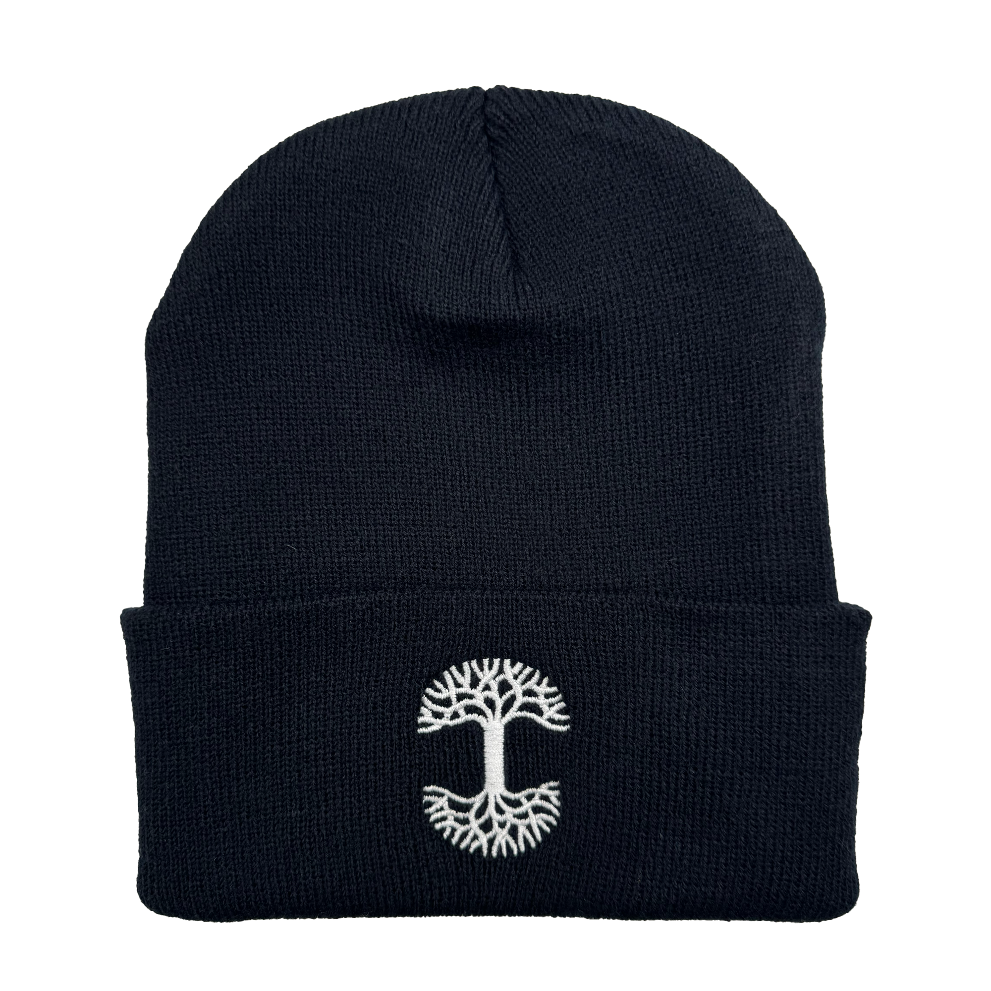 The Oaklandish Classic Logo Embroidered Beanie by Oaklandish is a black woven beanie featuring a fold-over cuff and showcases a white embroidered logo on the front. The design resembles a stylized tree with branches spreading upwards and roots branching downwards, creating a mirrored, circular pattern. This piece of headwear offers a snug, cozy appearance.