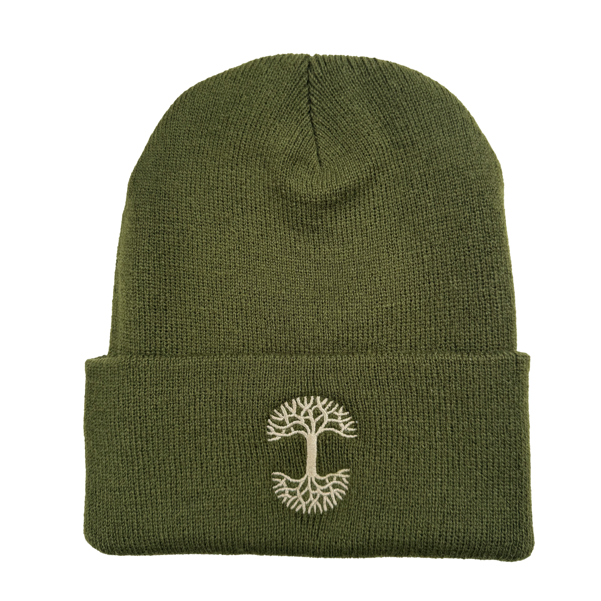 The Oaklandish Classic Logo Embroidered Beanie by Oaklandish is an olive green knit beanie featuring a folded brim and an embroidered white tree design on the front. The tree, depicted with branches and roots, adds a stylish touch to this simple woven headwear, making it cozy yet fashionable.