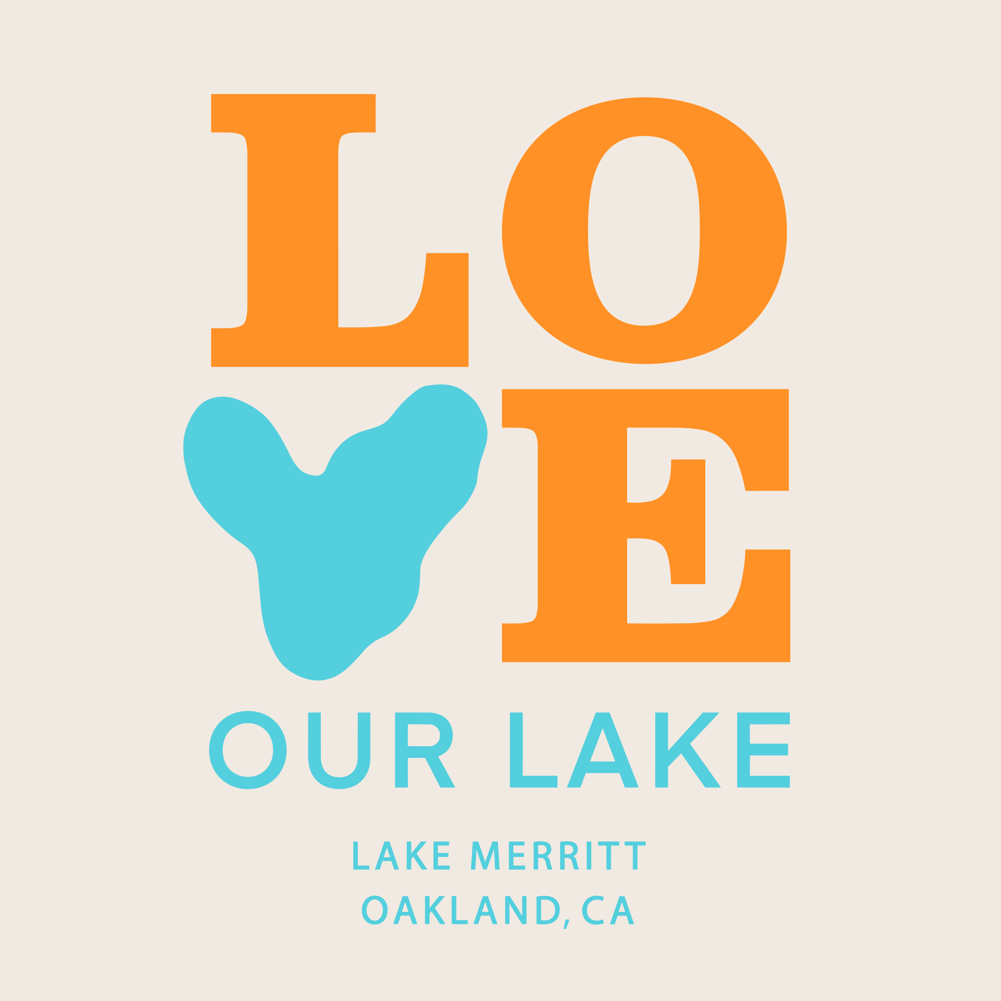 Detailed view of Ecru cotton t-shirt with Love our Lake, Lake Merritt Oakland, CA text in blue and orange.