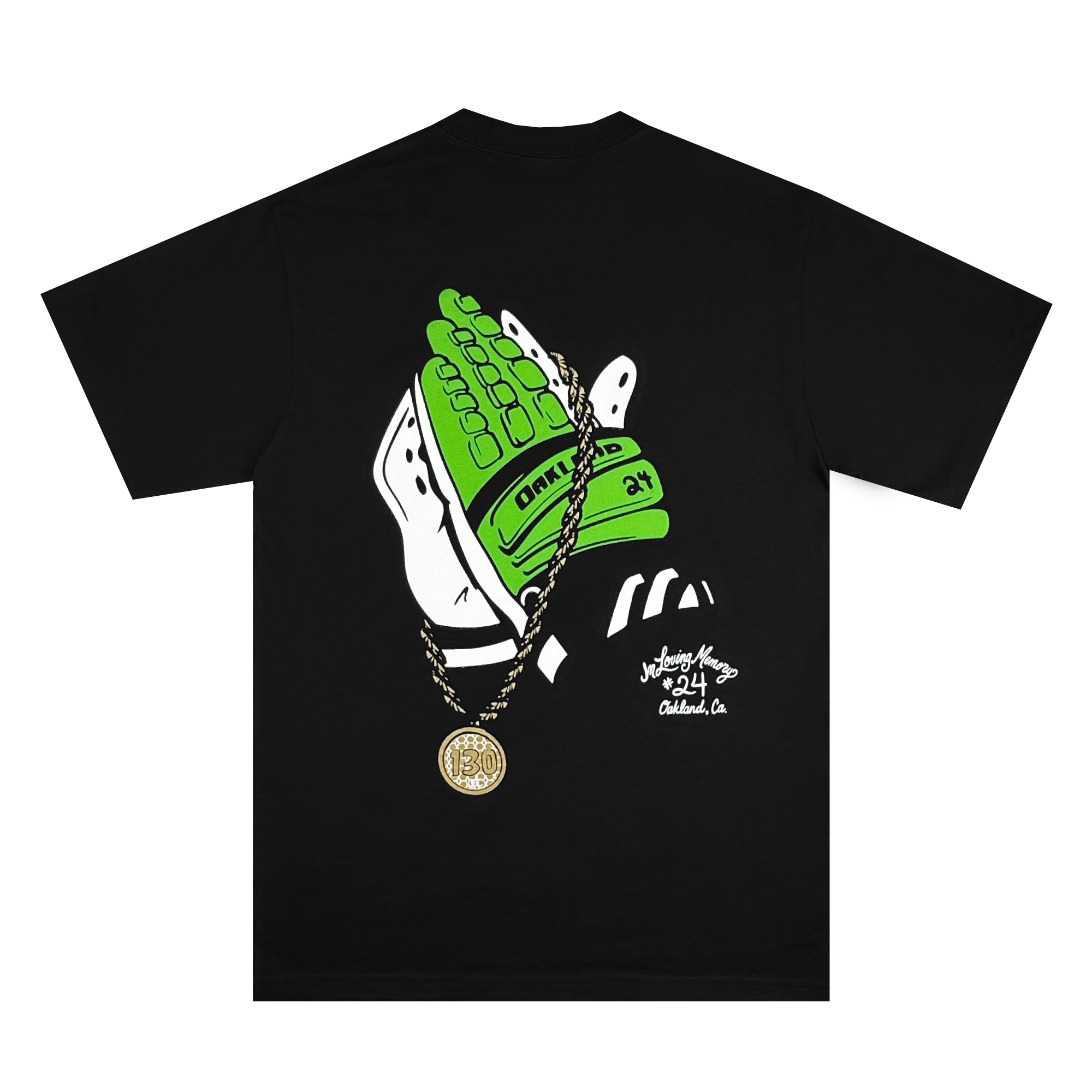 The (Preorder) RIP Man of Steal T-shirt by Oaklandish is heavyweight black cotton, featuring two hands in green football gloves clasped in prayer with a gold chain and medallion. It includes the text "Oakland, Ca," a signature with "24," honoring the 24EVER Classic spirit.