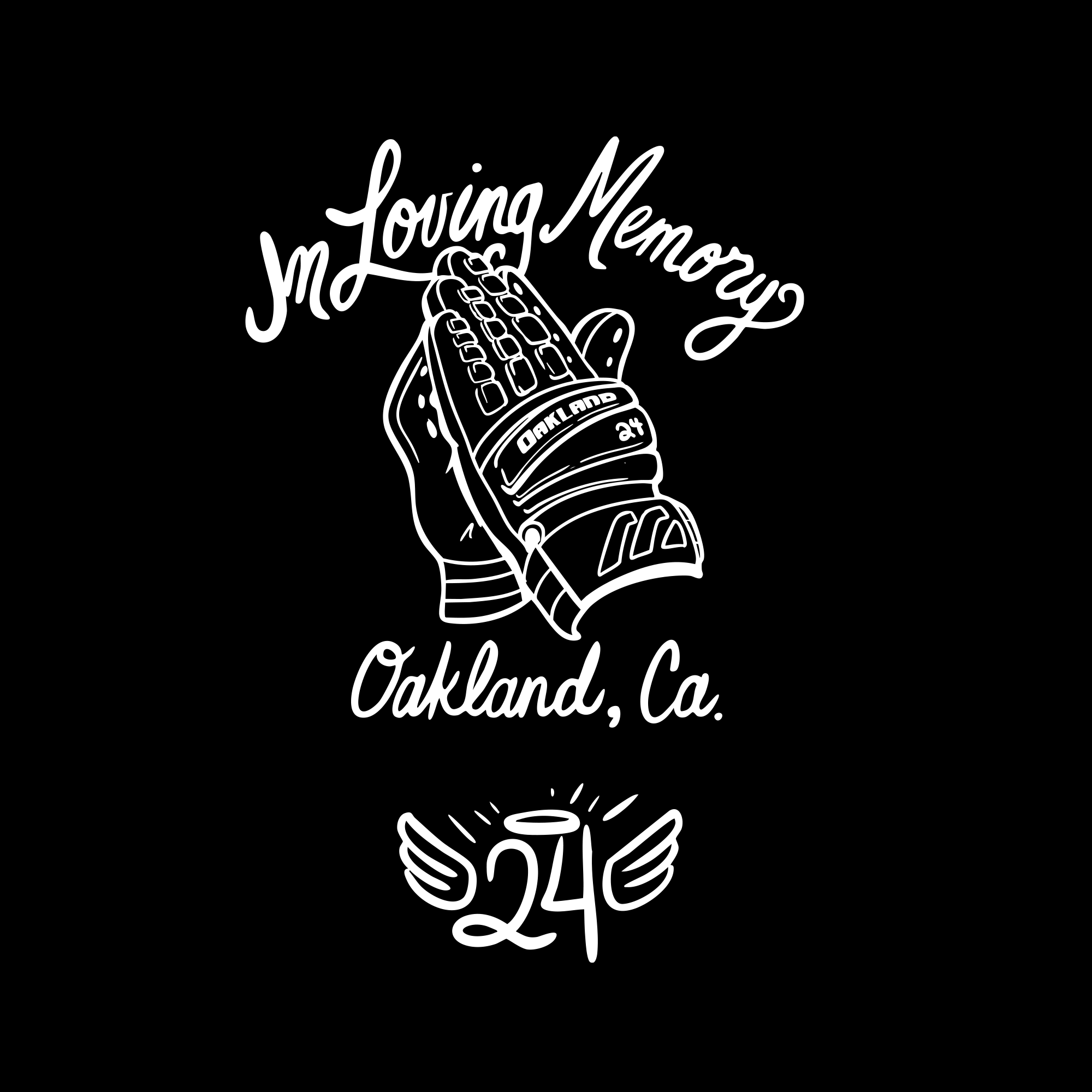 A white line drawing of a hockey glove labeled "Oakland" is set against a black background. It reads "In Loving Memory" above and "Oakland, Ca." below, with the number 24 featuring wings and a halo. This 24EVER Classic tribute from Oaklandish endures in heavyweight cotton. Available for preorder as RIP Man of Steal.