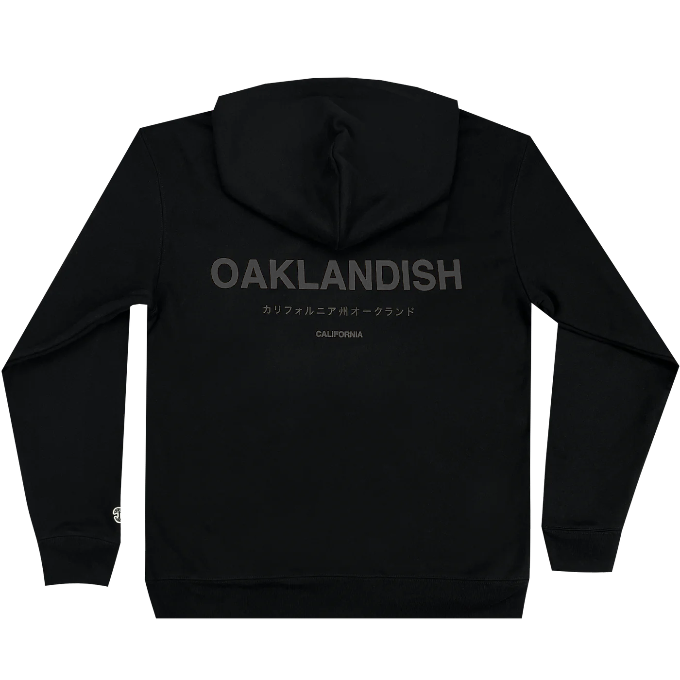 The Modern Type Hoodie from Oaklandish is a black pullover featuring the iconic Oaklandish logo prominently across the back. It includes Japanese script and "CALIFORNIA" in smaller letters beneath. Crafted from organic cotton, this hoodie comes with a drawstring hood and ribbed cuffs for added comfort.