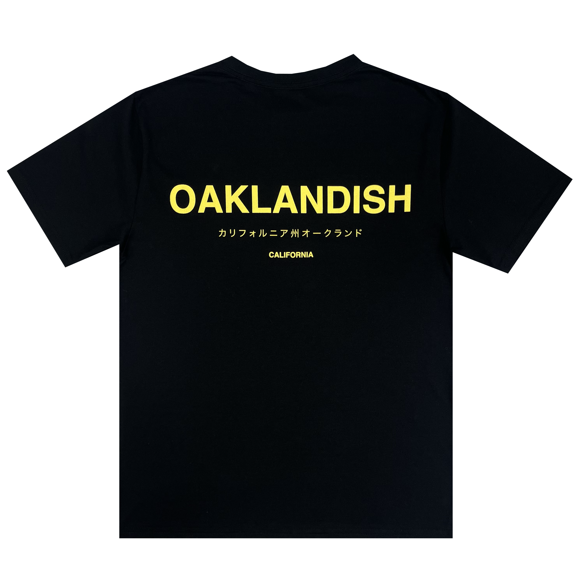 Back view of black cotton t-shirt with Oaklandish California wordmark in English and Japanese.