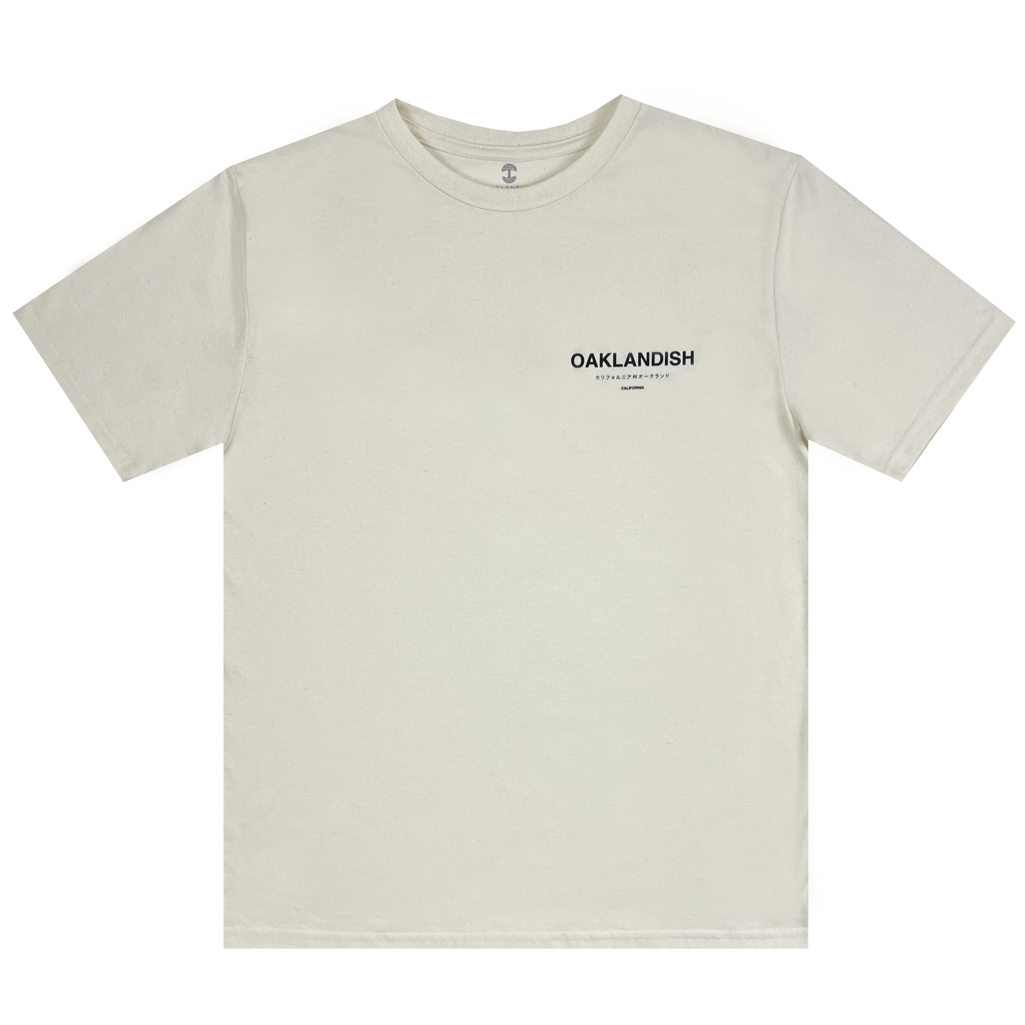 The Modern Type Tee by Oaklandish is a short-sleeved, off-white classic fit T-shirt from the men's collection, featuring a minimalist design on the left chest area. The design includes the word "Oaklandish" in black capital letters with smaller text underneath. Made from 100% cotton, it boasts a classic crew neckline and a simple, clean appearance.