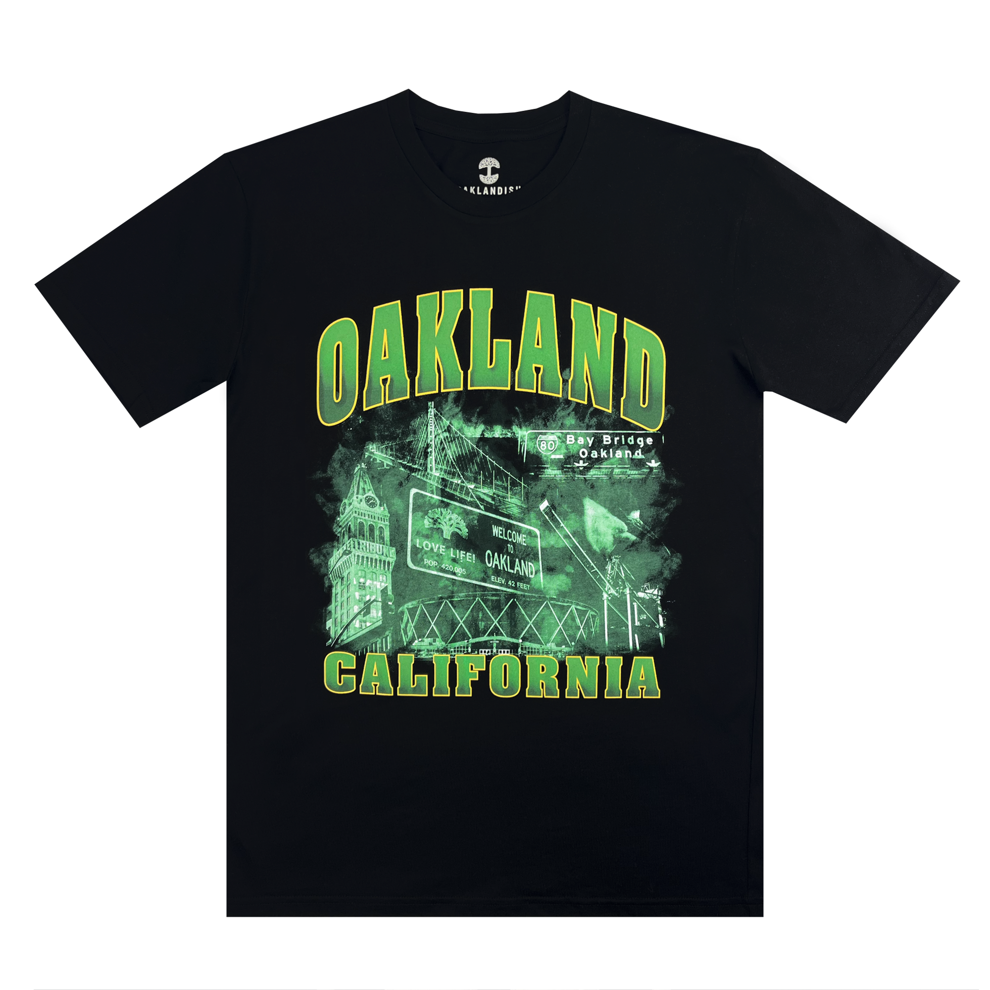 The Montage Tee by Oaklandish is a classic fit, 100% cotton black T-shirt. It features large text in green and yellow that reads "OAKLAND" at the top and "CALIFORNIA" at the bottom. In the center, there is a graphic highlighting prominent Oakland landmarks, including buildings and a bridge, with the words "Emerald City Oakland" also visible.